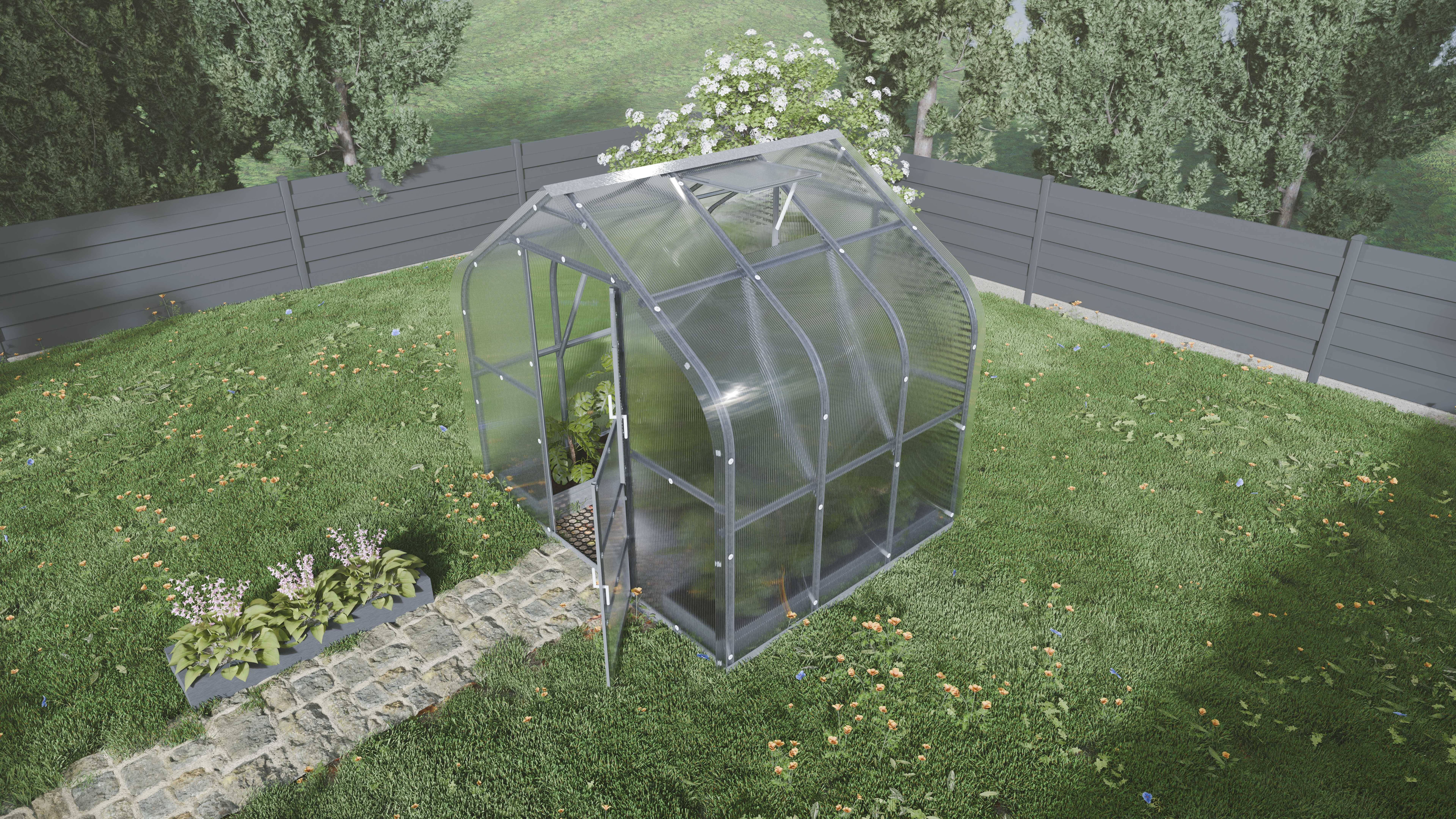 Serre KLASIKA Standard 5m2, 2,5m x 2m, 6 mm avec revêtement en polycarbonate (Avec 1 toit ouvrant automatique) - Image 1