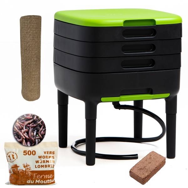 Ferme Du Moutta - Moutta | TinyWorm Design & Compact | Lombricomposteur 3 Plateaux | 250gr de vers de Compost | Kit Complet | Tiroir Coulissant | Pieds Plastique - Imagen 1