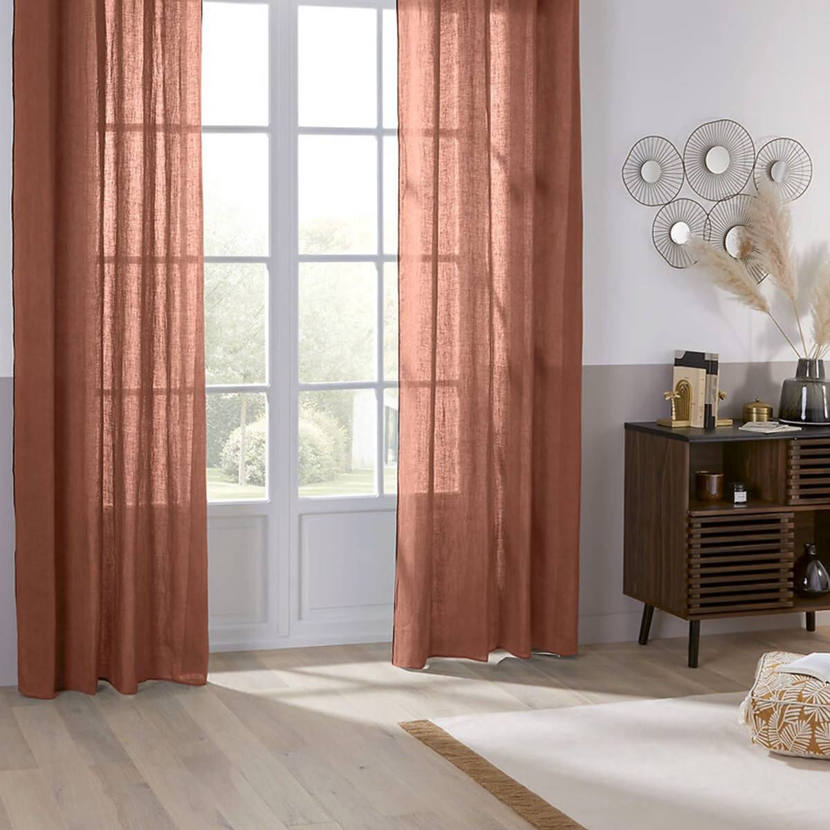Atmosphera - Lot de 2 Rideaux à œillets en Lin Terracotta avec surpiqûre noire 130 x 260 cm - Imagen 3