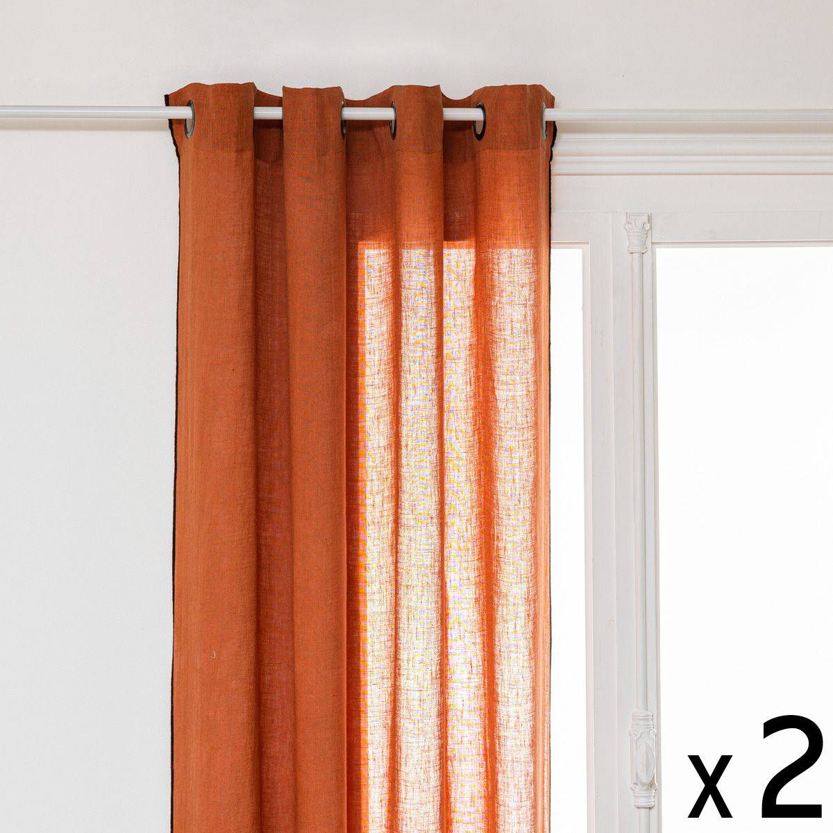 Atmosphera - Lot de 2 Rideaux à œillets en Lin Terracotta avec surpiqûre noire 130 x 260 cm - Imagen 1