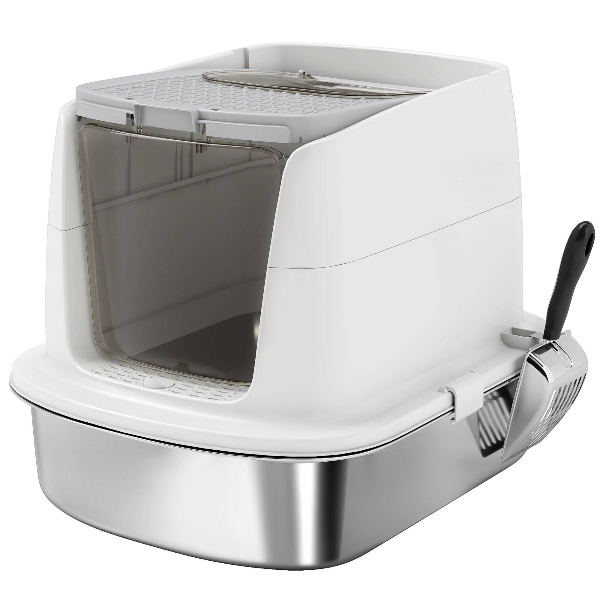 ComfortXL - Bac à litière fermé pour chat en inox et plastique blanc 52,4 x 41,3 x 39,8 cm sortie haute et couvercle amovible - Image 10