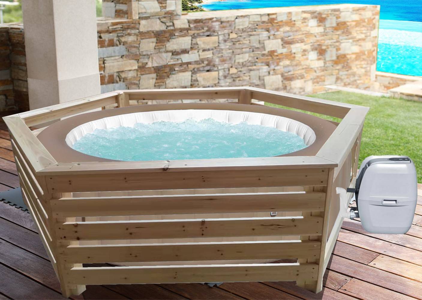 Habrita - Habillage bois hexagonal pour spas et piscines gonflables / largeur extérieure 2,77 m x largeur intérieure bord à bord 2,21 m x hauteur 0,71 m - Imagen 5