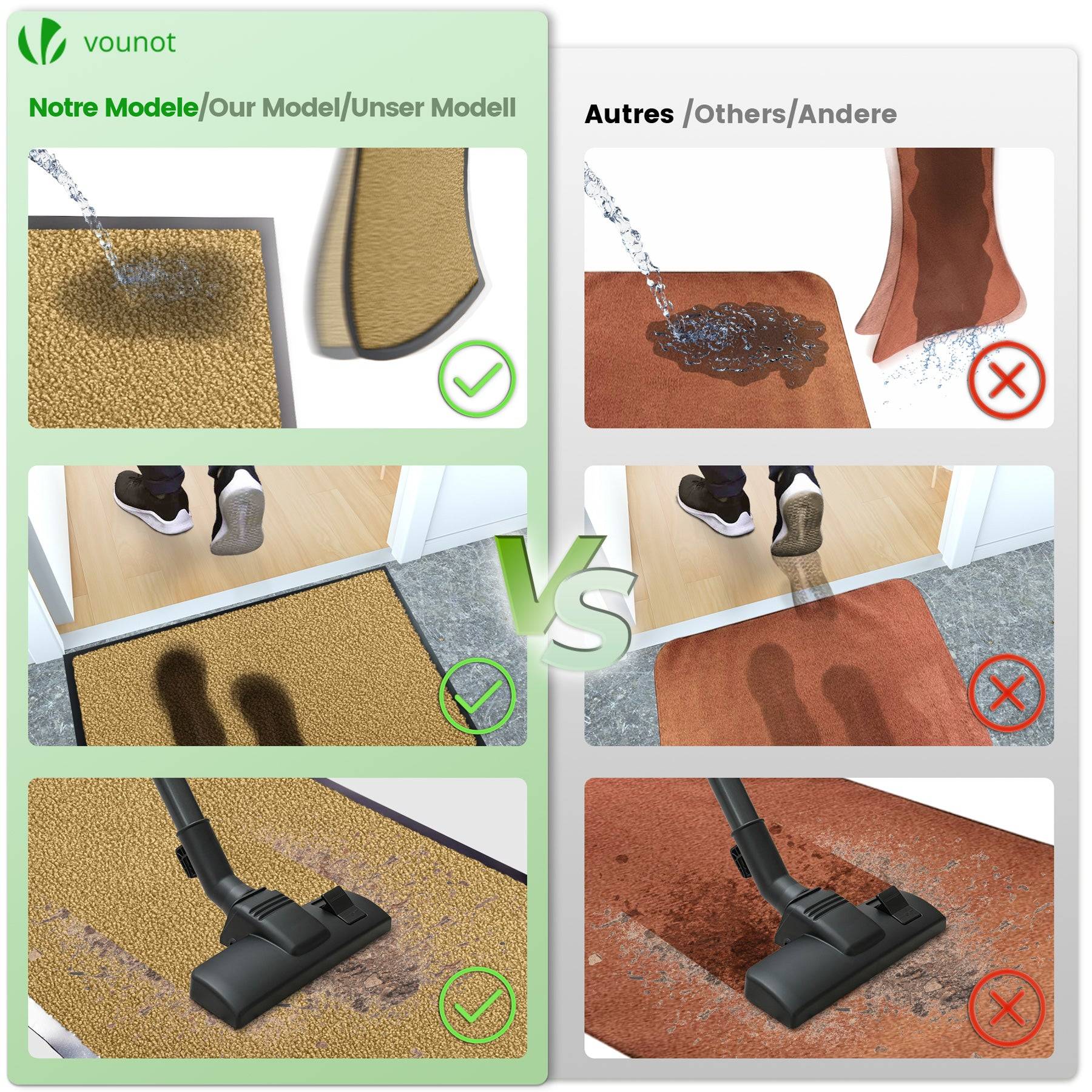 VOUNOT® Lot de 2 Tapis de porte paillasson d'entrée 40x60cm - antidérapant antipoussière imperméable lavable - beige - Image 3