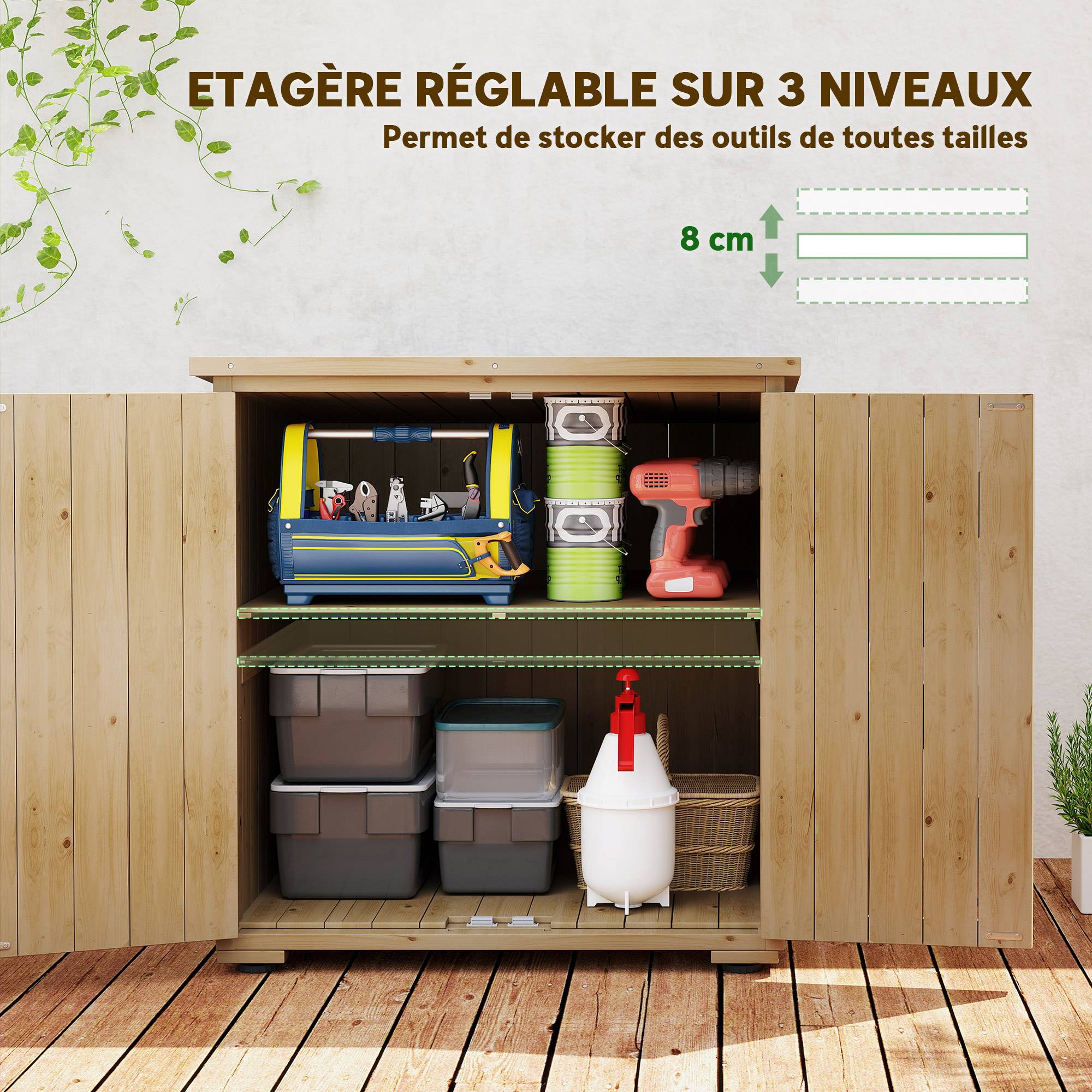 Outsunny - Armoire jardin 77,5L x 88P x 83/90H cm 2 portes étagères réglables toit bitumé étanche bois sapin pré-huilé - Outsunny - Image 4