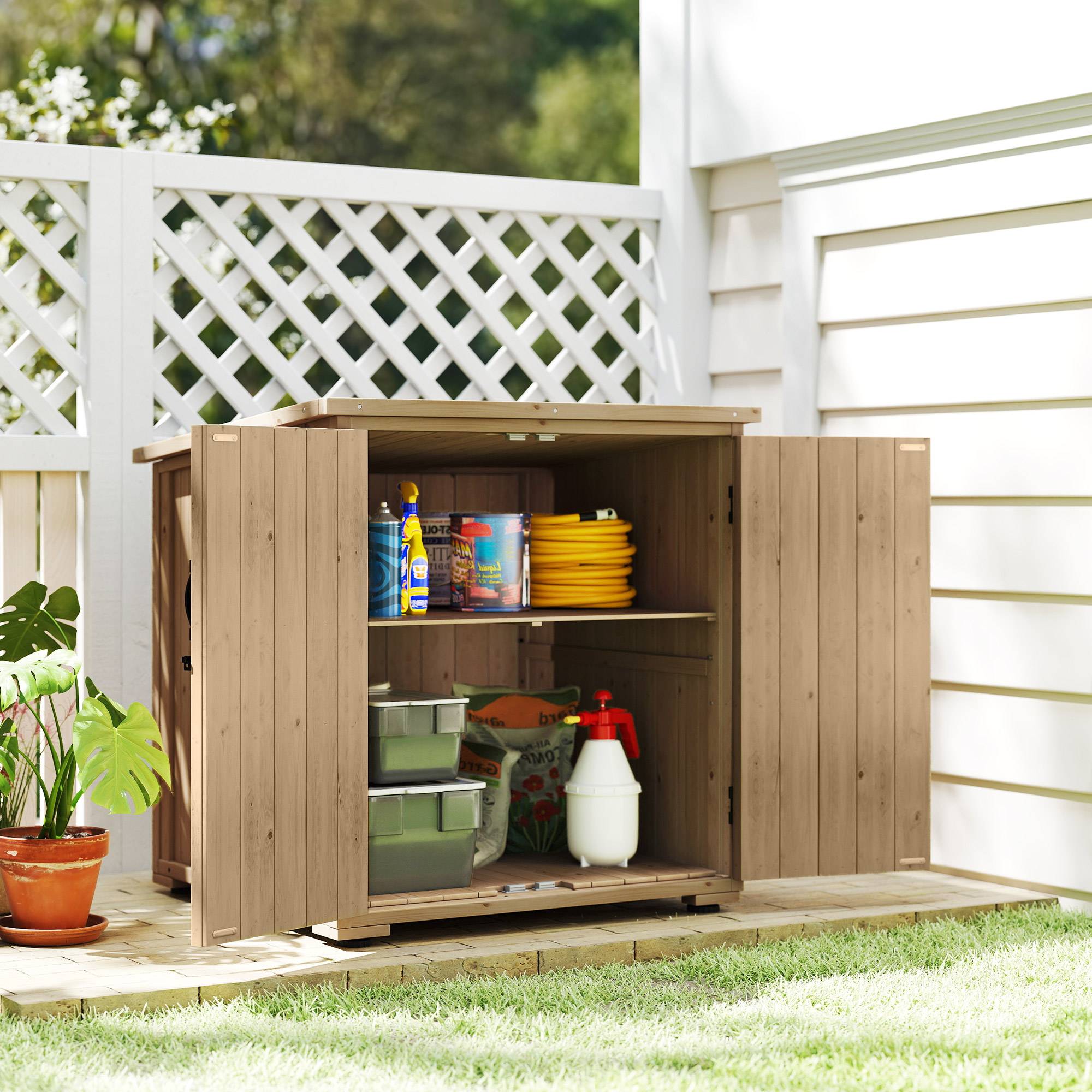Outsunny - Armoire jardin 77,5L x 88P x 83/90H cm 2 portes étagères réglables toit bitumé étanche bois sapin pré-huilé - Outsunny - Image 2