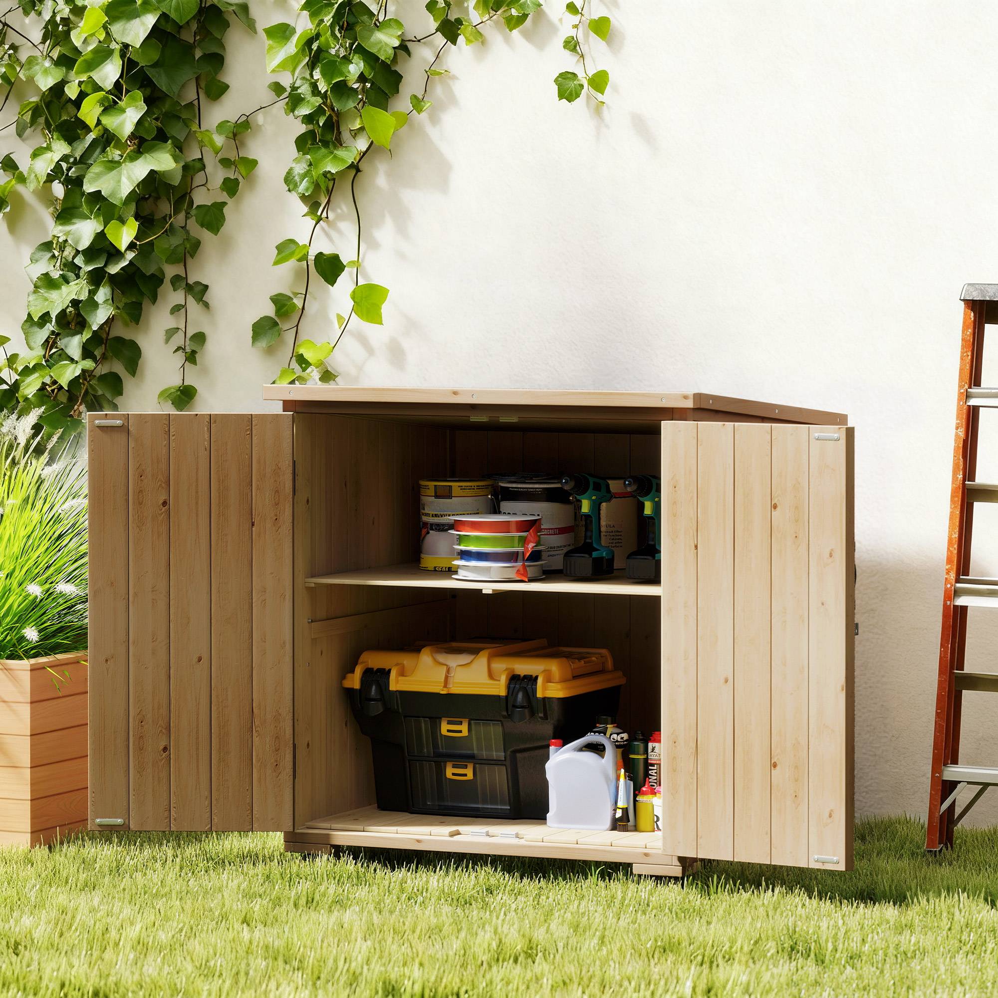 Outsunny - Armoire jardin 77,5L x 88P x 83/90H cm 2 portes étagères réglables toit bitumé étanche bois sapin pré-huilé - Outsunny - Image 9
