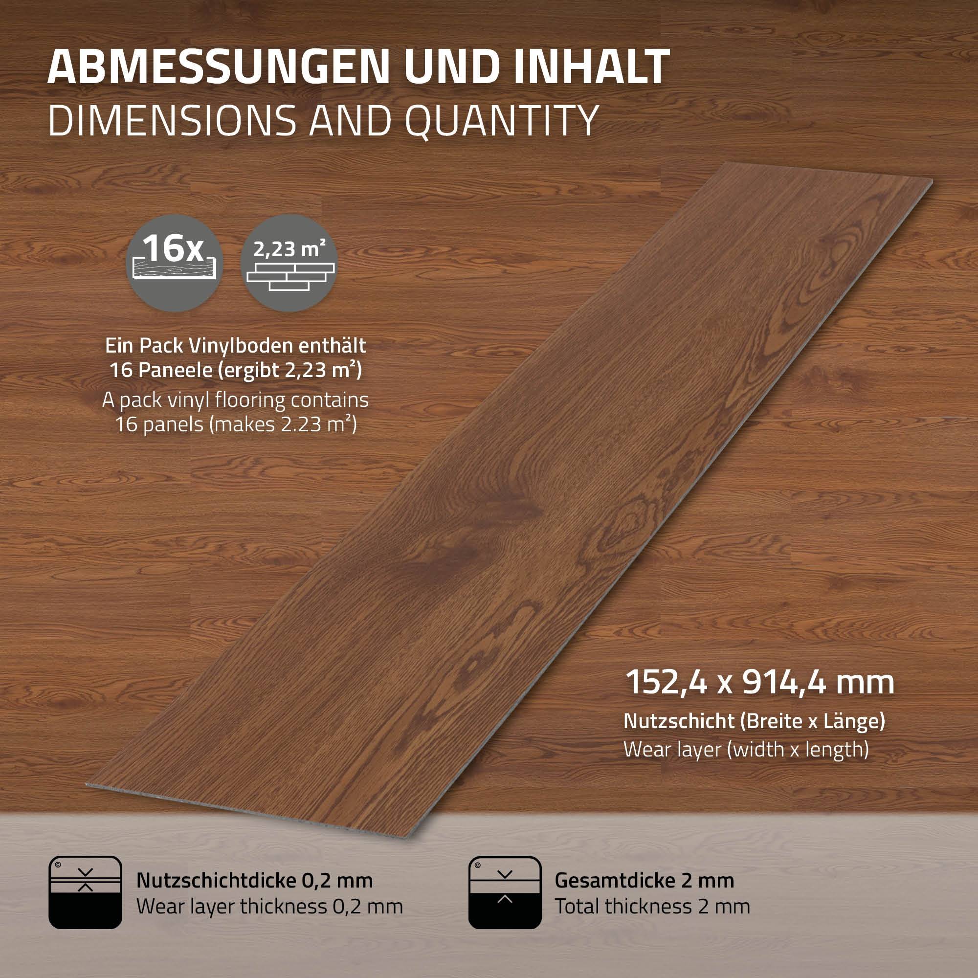 Sol PVC Vinyle Adhésif Aspect Chêne Rouge 4,46 M² - 32 Planches 91,5x15,3 Cm - Neuf