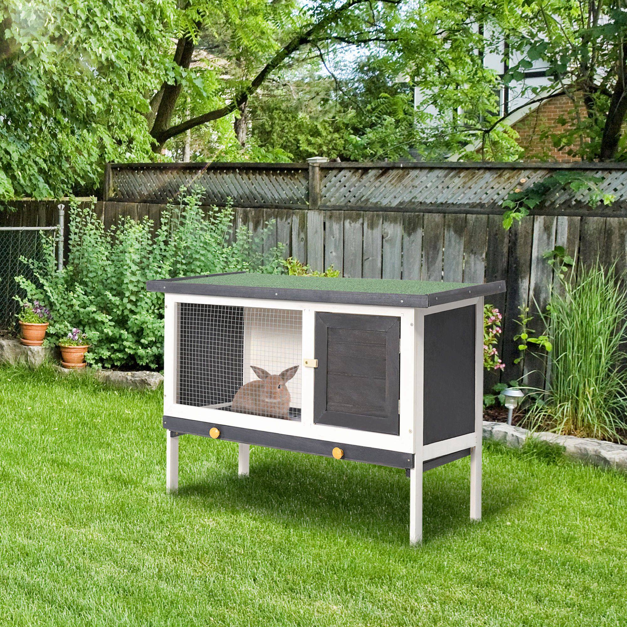 Clapier Bois Extérieur pour Lapins et Petits Animaux avec Toit Charnières, Bac Amovible et Porte à Loquet, 90 x 45 x 65 cm, Gris Foncé - Image 4