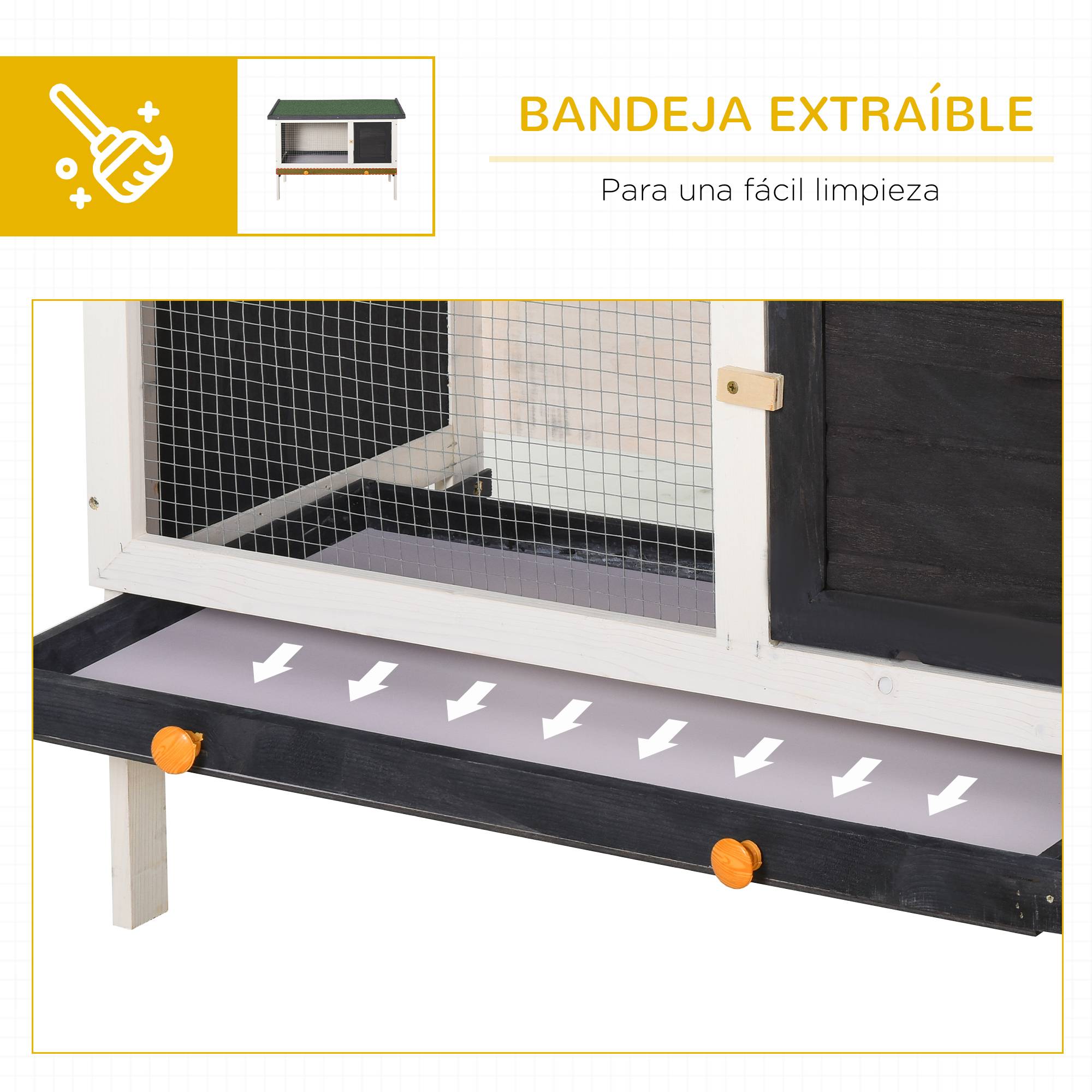 Clapier Bois Extérieur pour Lapins et Petits Animaux avec Toit Charnières, Bac Amovible et Porte à Loquet, 90 x 45 x 65 cm, Gris Foncé - Image 8