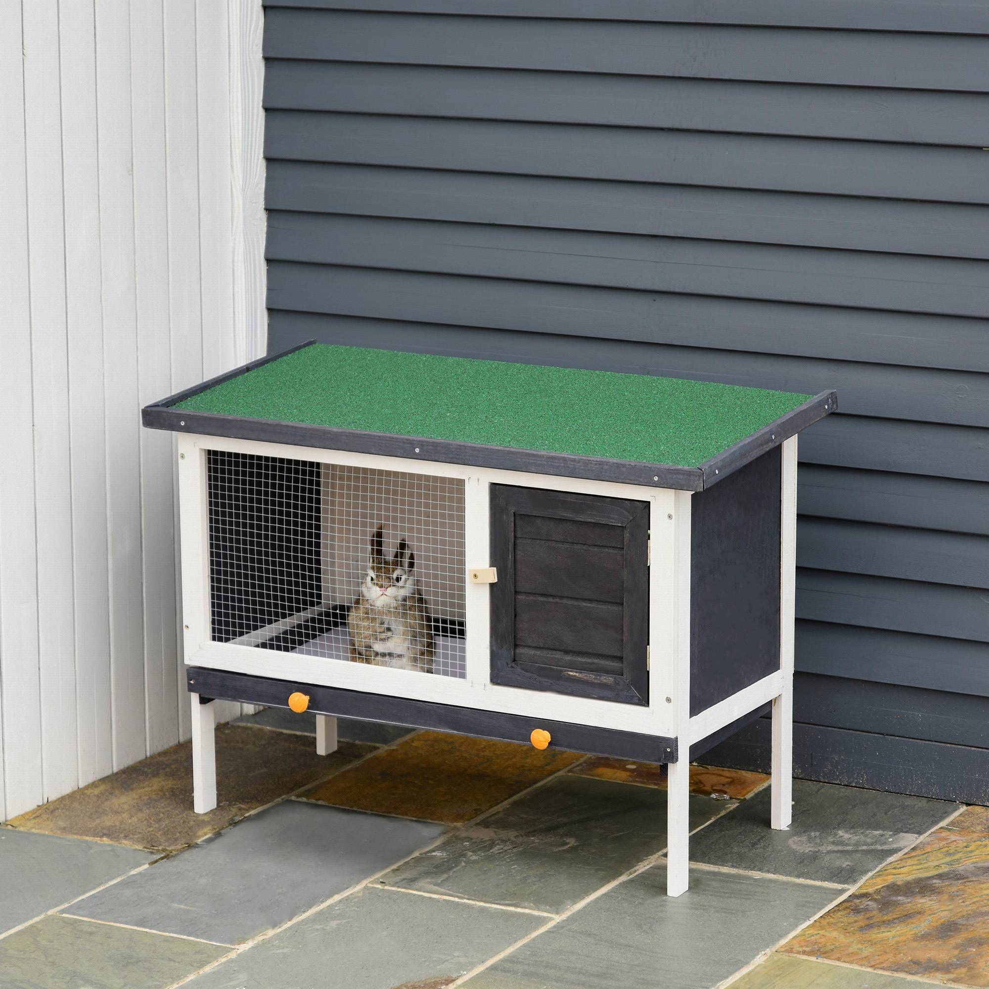 Clapier Bois Extérieur pour Lapins et Petits Animaux avec Toit Charnières, Bac Amovible et Porte à Loquet, 90 x 45 x 65 cm, Gris Foncé - Image 3