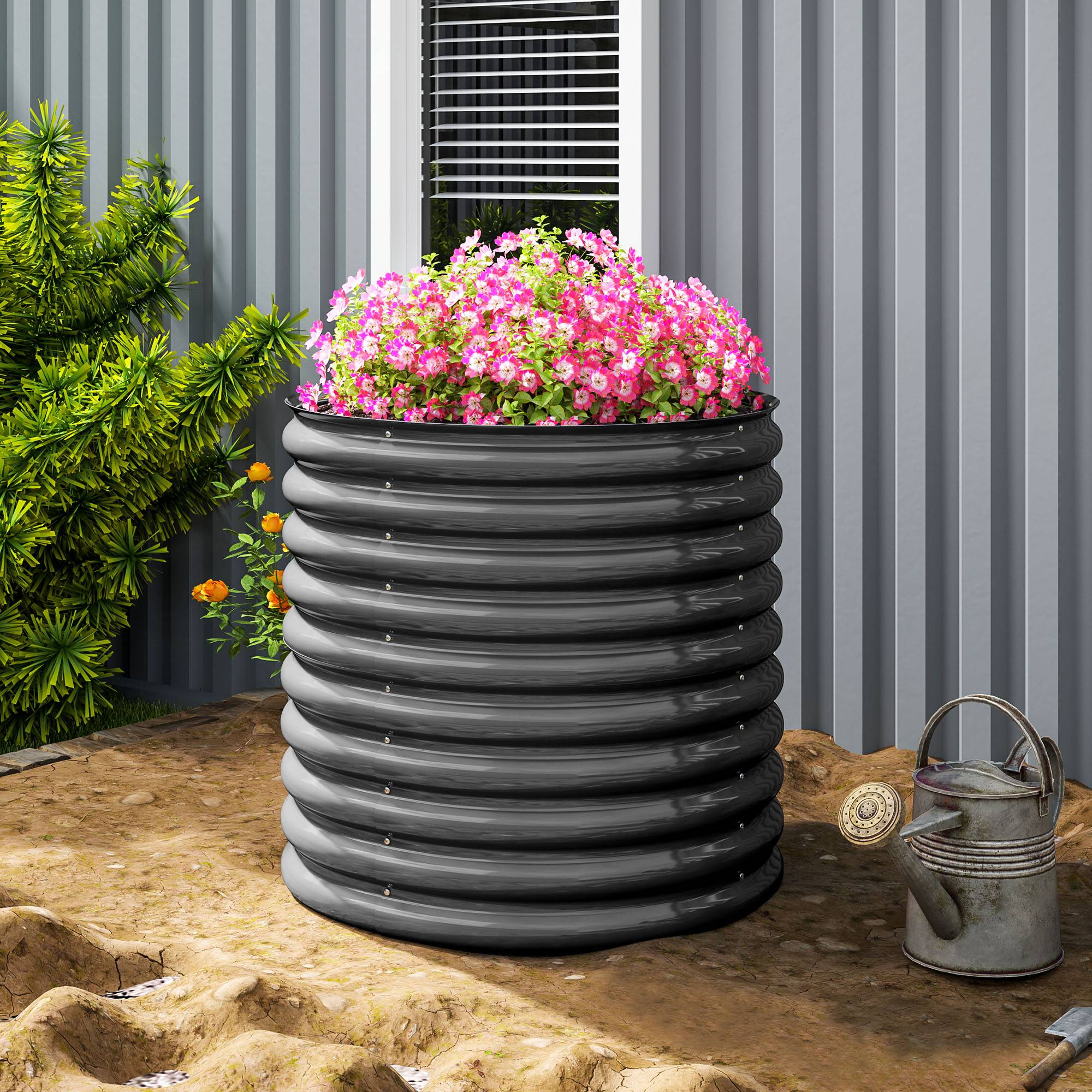 Jardinière métal avec bord sécurité et gants, fond ouvert, 160Lx80Px80H cm, gris foncé - Image 10