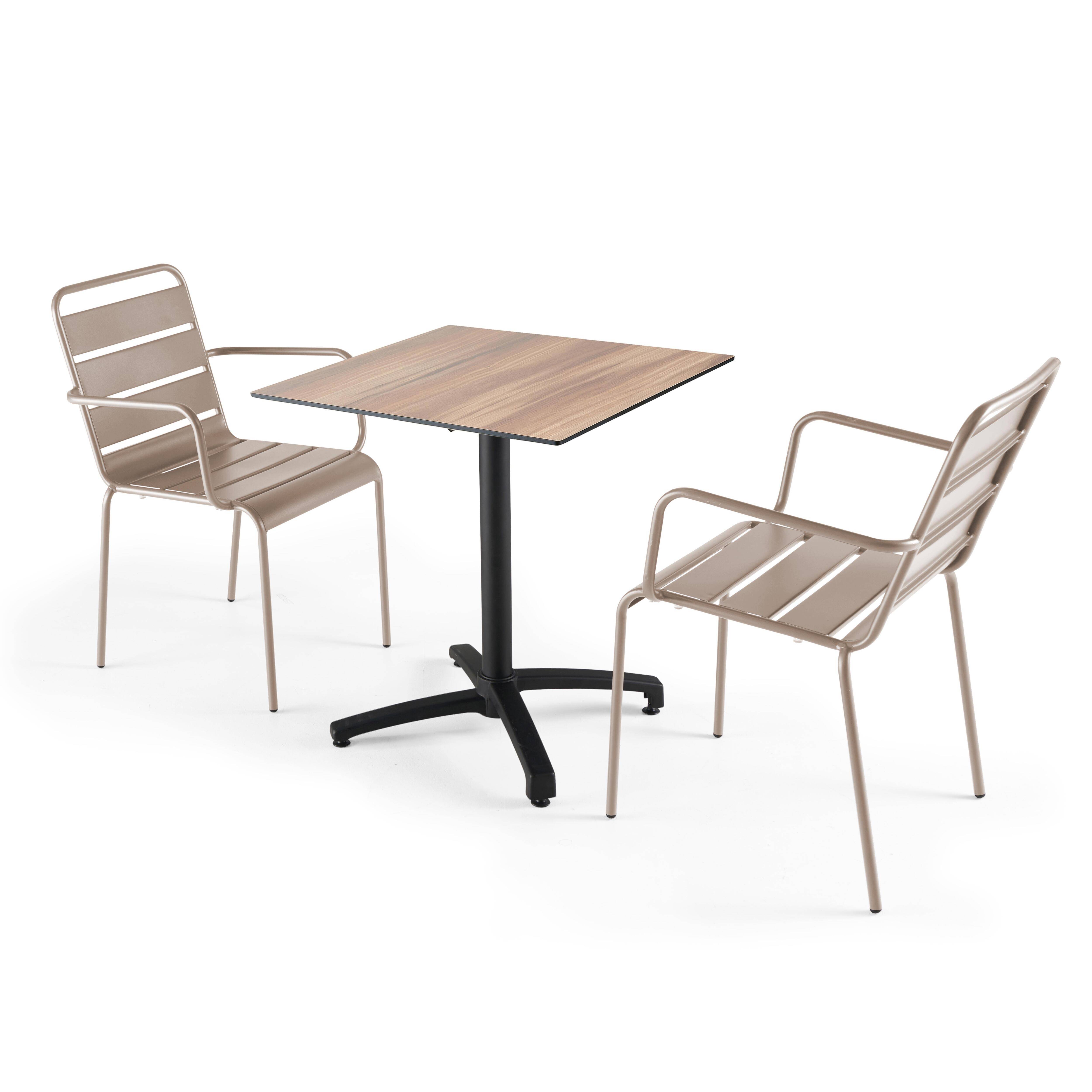 Oviala - Ensemble table de terrasse stratifié chêne foncé et 2 fauteuils taupe - Oviala - Imagen 1