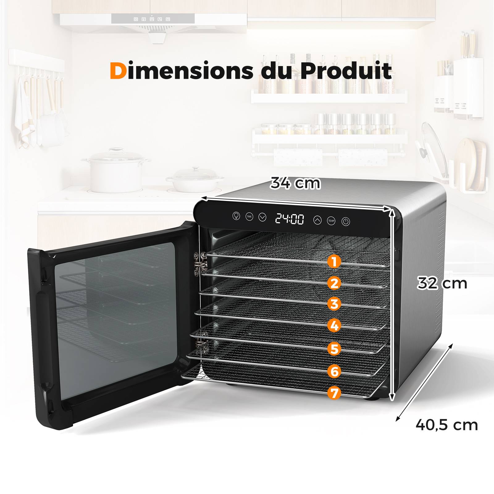 Déshydrateur Alimentaire à 7 Plateaux en Acier Inox, Séchoir Électrique 600W avec Minuterie 1-24H et Température 30-75℃, Accessoires Inclus - Image 3