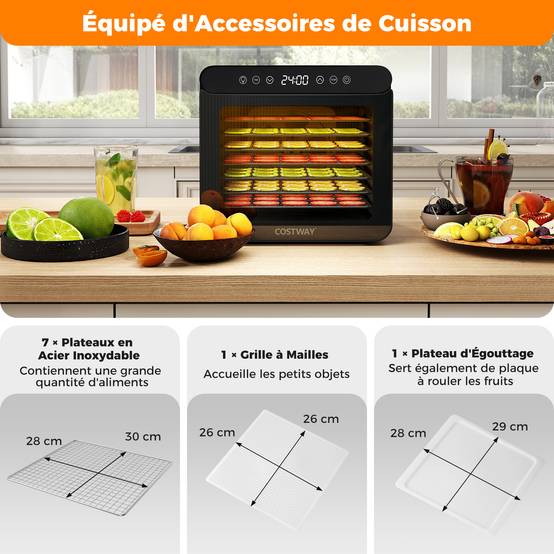 Déshydrateur Alimentaire à 7 Plateaux en Acier Inox, Séchoir Électrique 600W avec Minuterie 1-24H et Température 30-75℃, Accessoires Inclus - Image 5