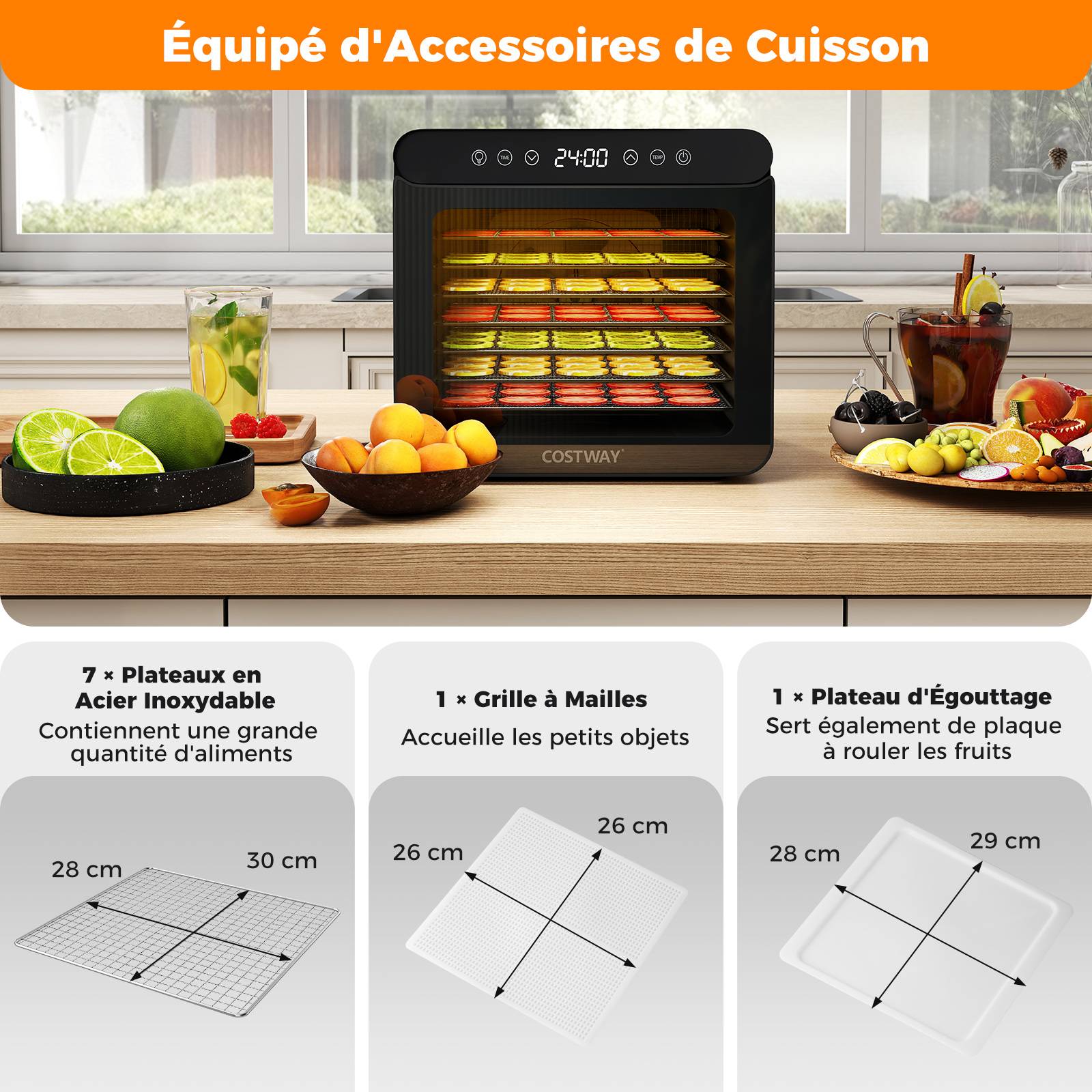 Déshydrateur Alimentaire à 7 Plateaux en Acier Inox, Séchoir Électrique 600W avec Minuterie 1-24H et Température 30-75℃, Accessoires Inclus - Image 5
