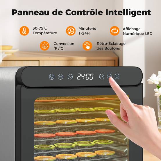 Déshydrateur Alimentaire à 7 Plateaux en Acier Inox, Séchoir Électrique 600W avec Minuterie 1-24H et Température 30-75℃, Accessoires Inclus - Image 4
