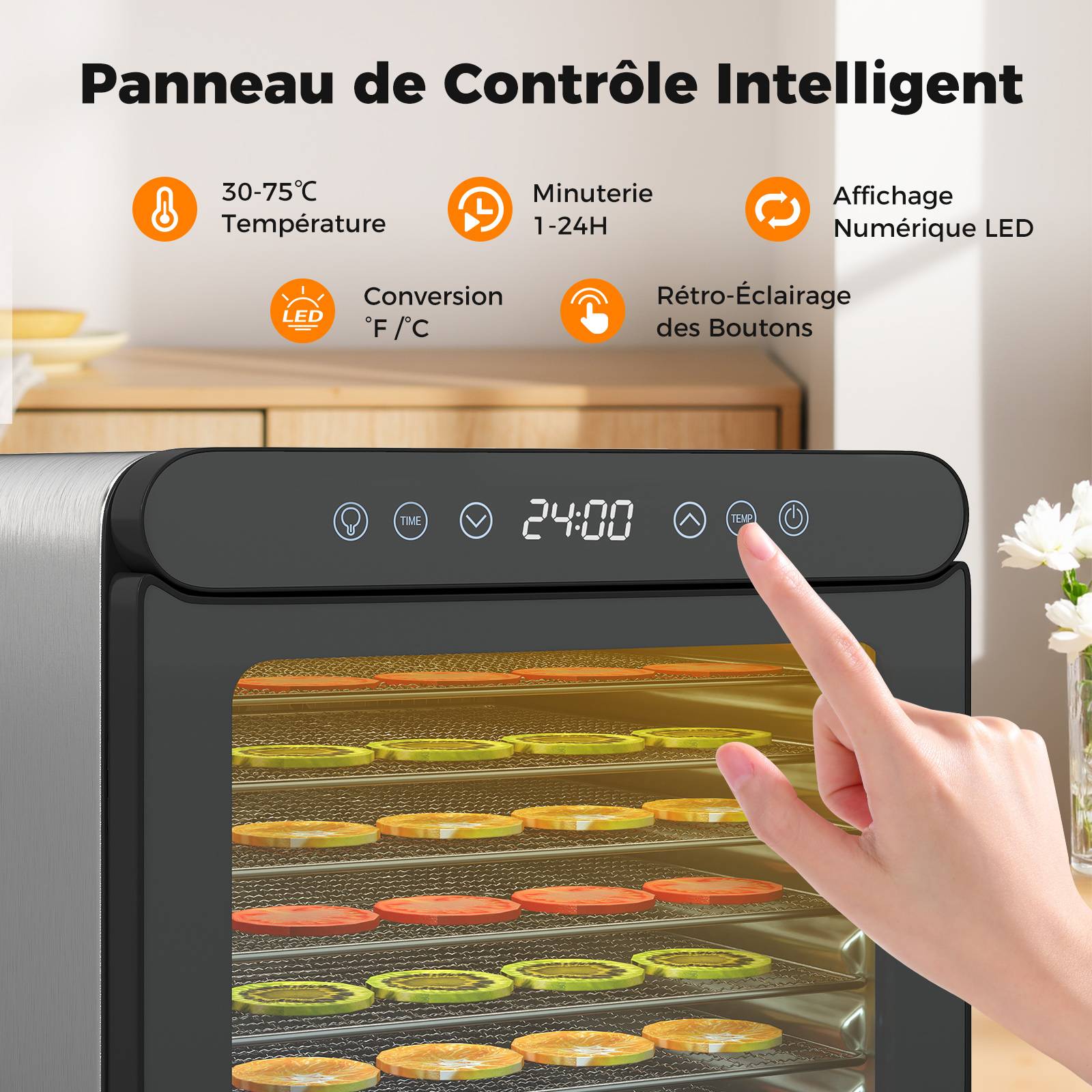 Déshydrateur Alimentaire à 7 Plateaux en Acier Inox, Séchoir Électrique 600W avec Minuterie 1-24H et Température 30-75℃, Accessoires Inclus - Image 4