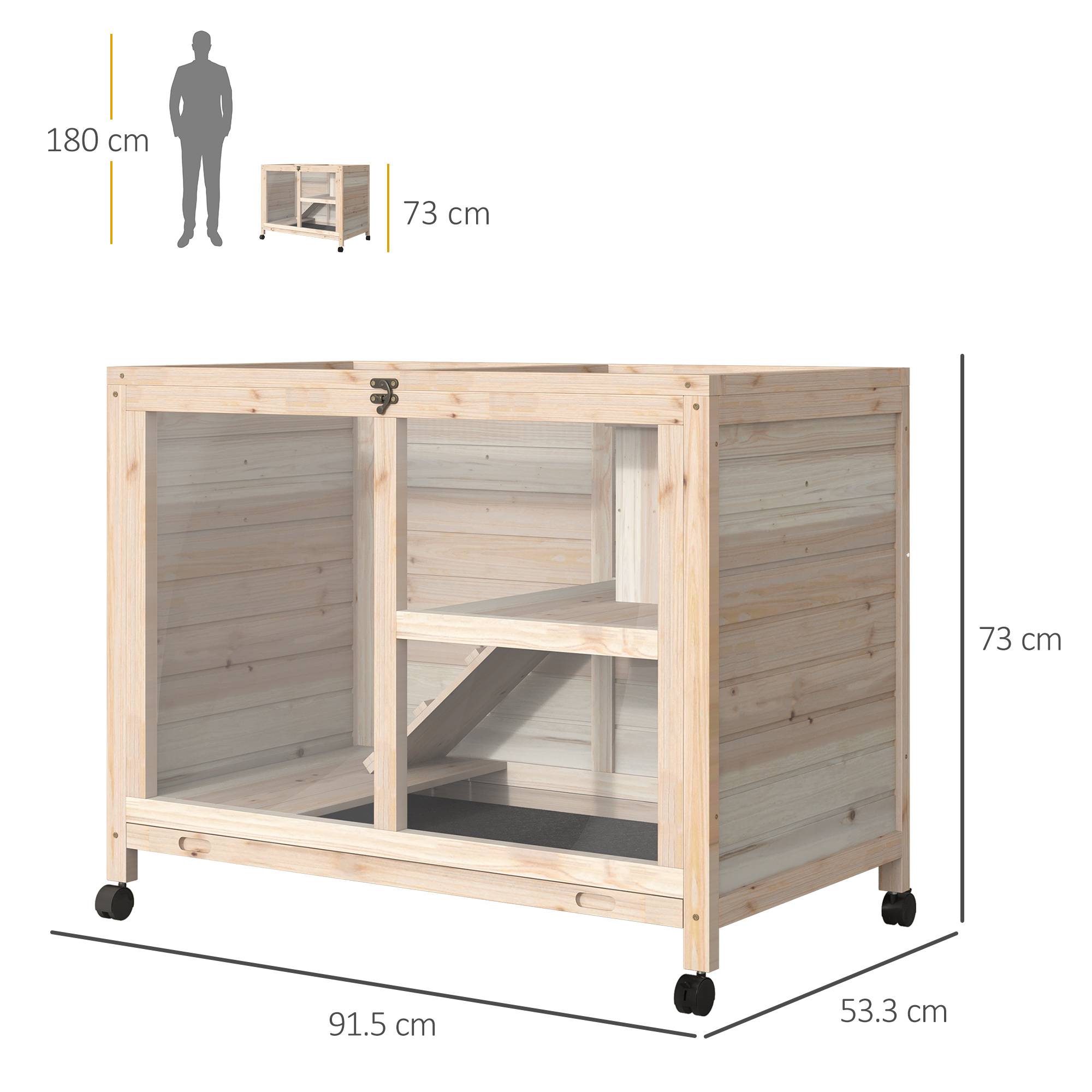 Clapier lapin intérieur bois 2 niveaux roulettes tiroir coulissant 92x53x73cm - ComfortXL Outdoor Living - Image 5
