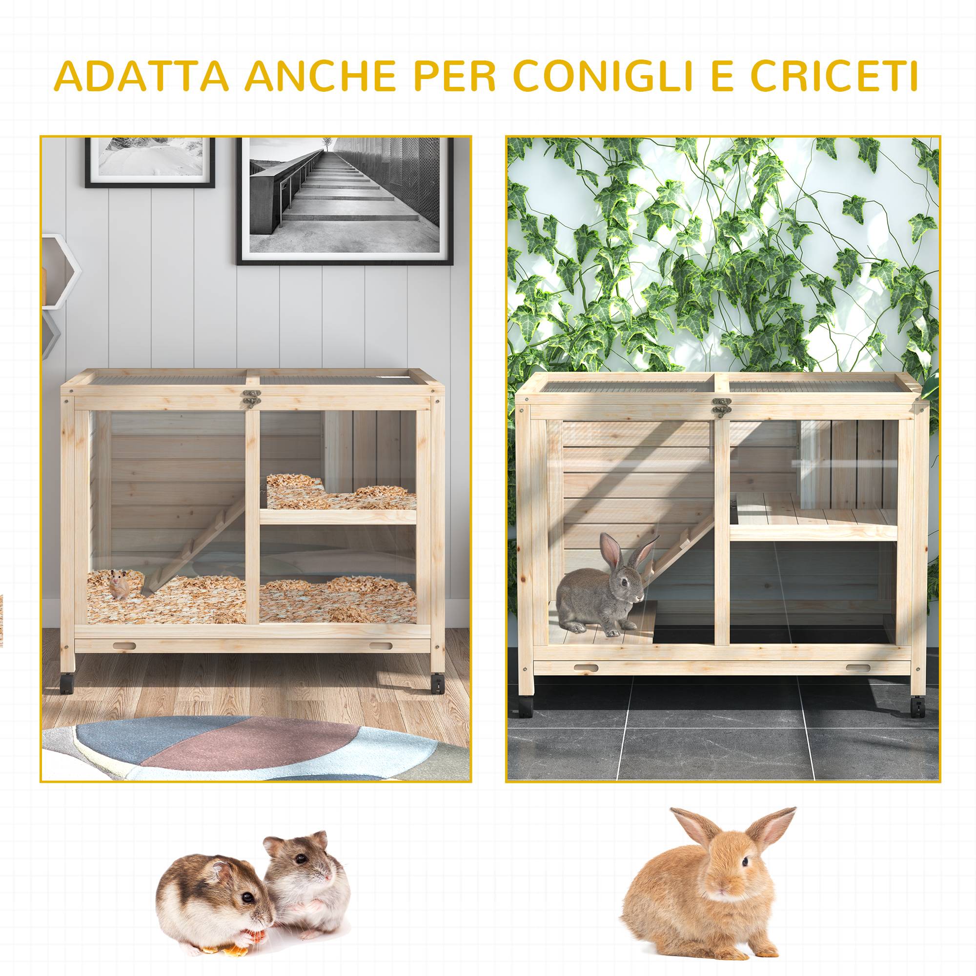 Clapier lapin intérieur bois 2 niveaux roulettes tiroir coulissant 92x53x73cm - ComfortXL Outdoor Living - Image 10