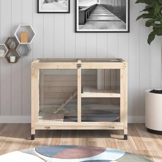 Clapier lapin intérieur bois 2 niveaux roulettes tiroir coulissant 92x53x73cm - ComfortXL Outdoor Living - Image 4