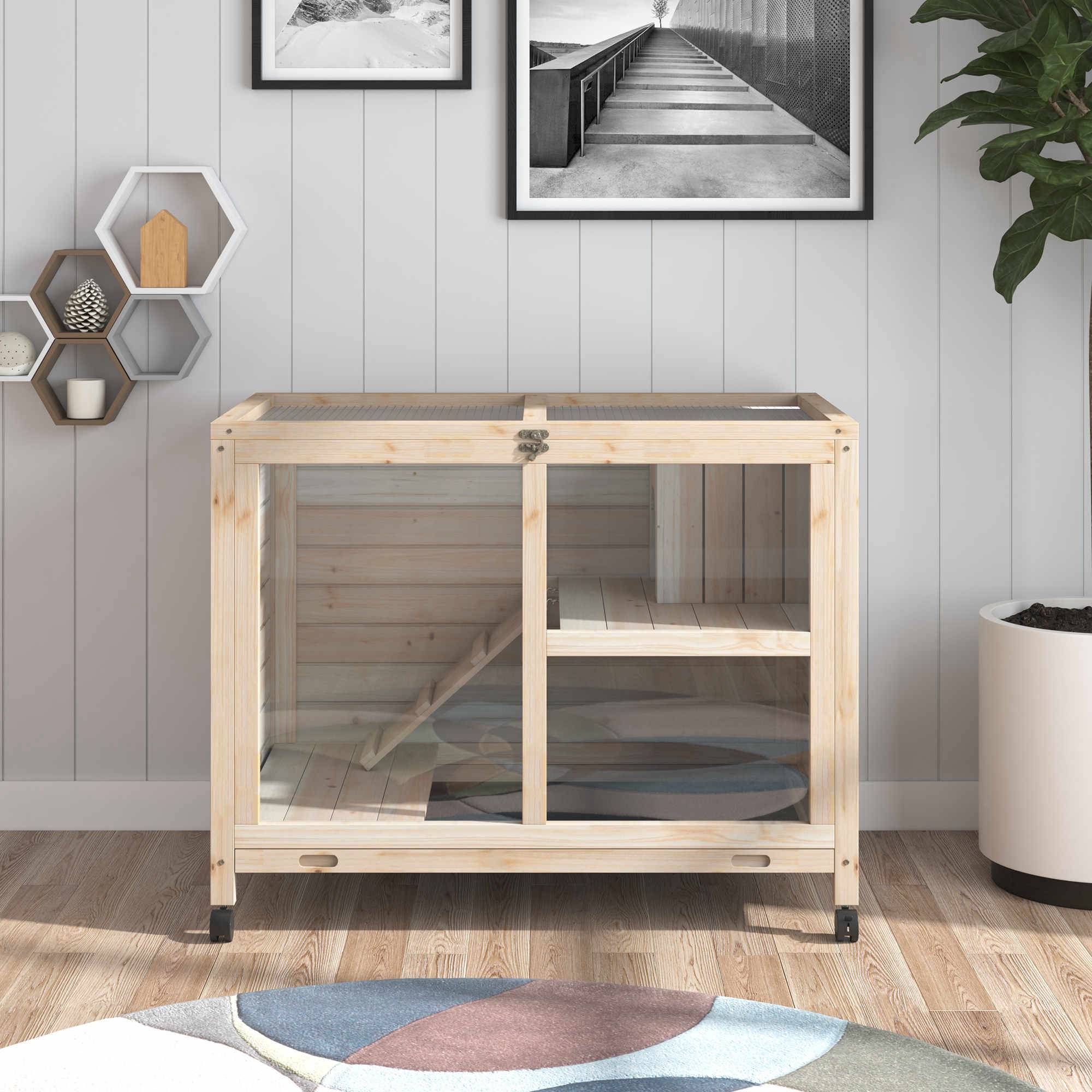 Clapier lapin intérieur bois 2 niveaux roulettes tiroir coulissant 92x53x73cm - ComfortXL Outdoor Living - Image 4