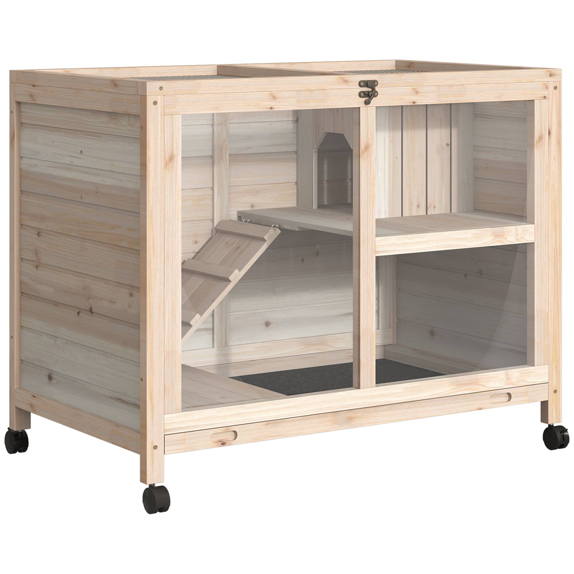 Clapier lapin intérieur bois 2 niveaux roulettes tiroir coulissant 92x53x73cm - ComfortXL Outdoor Living - Image 1