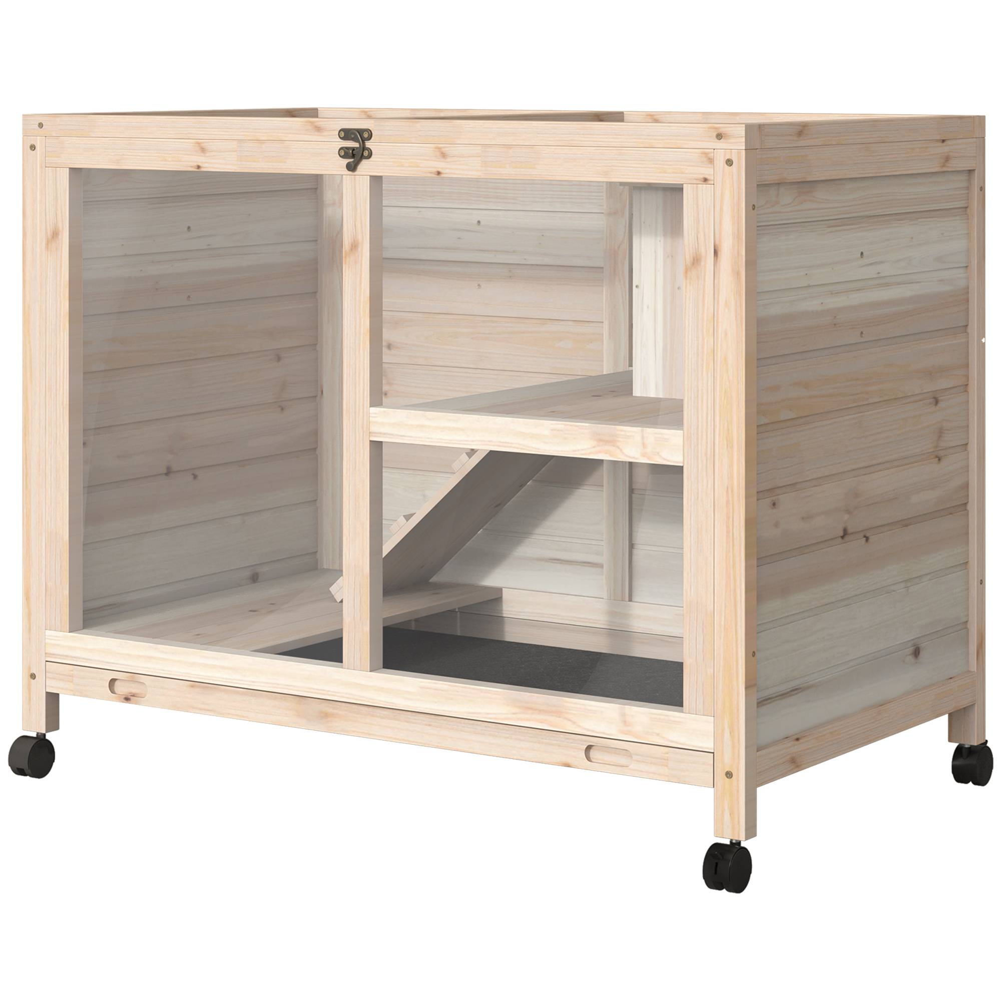 Clapier lapin intérieur bois 2 niveaux roulettes tiroir coulissant 92x53x73cm - ComfortXL Outdoor Living - Image 2