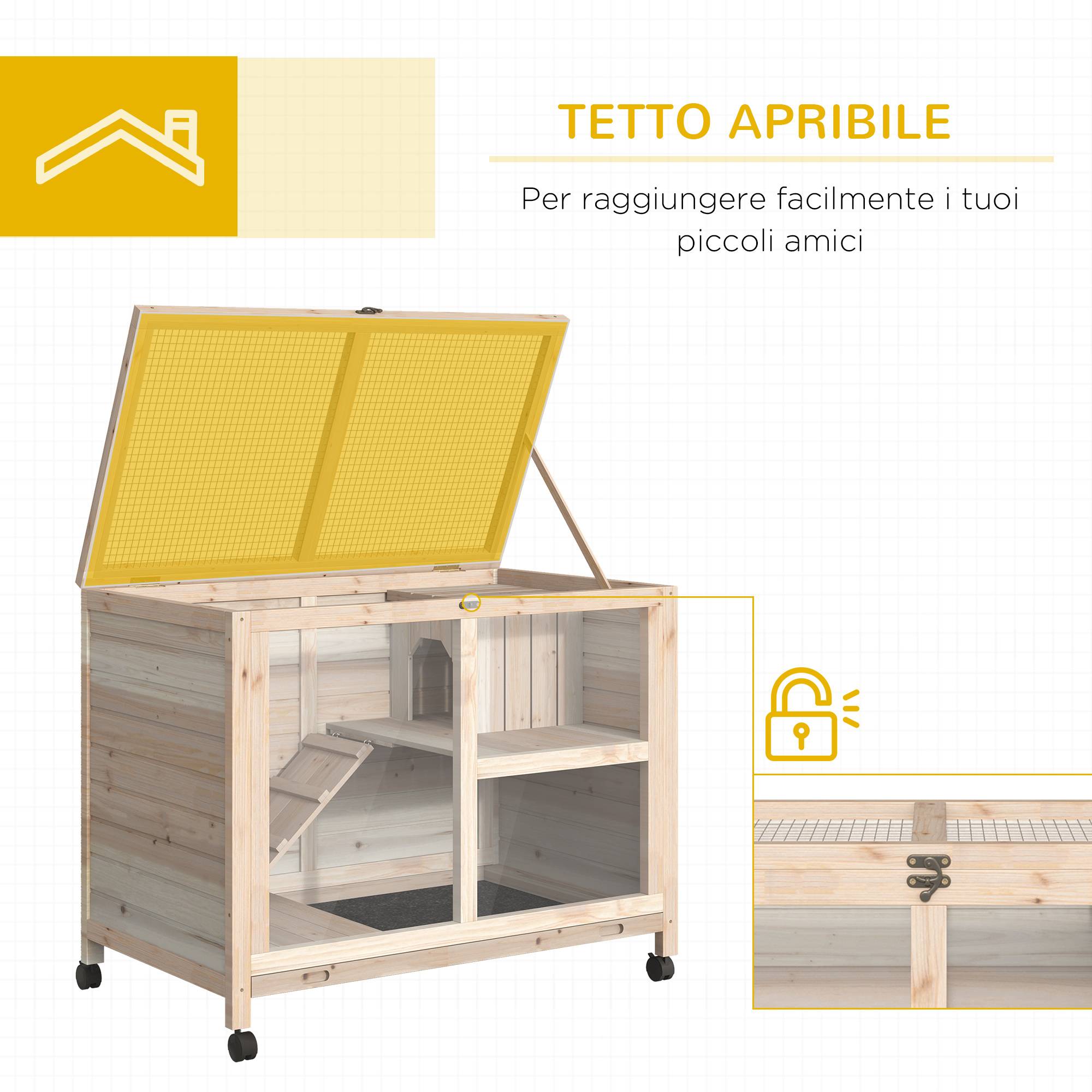 Clapier lapin intérieur bois 2 niveaux roulettes tiroir coulissant 92x53x73cm - ComfortXL Outdoor Living - Image 7
