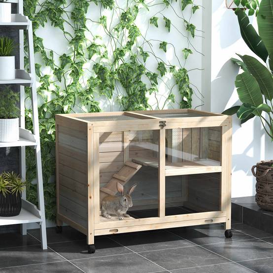Clapier lapin intérieur bois 2 niveaux roulettes tiroir coulissant 92x53x73cm - ComfortXL Outdoor Living - Image 3