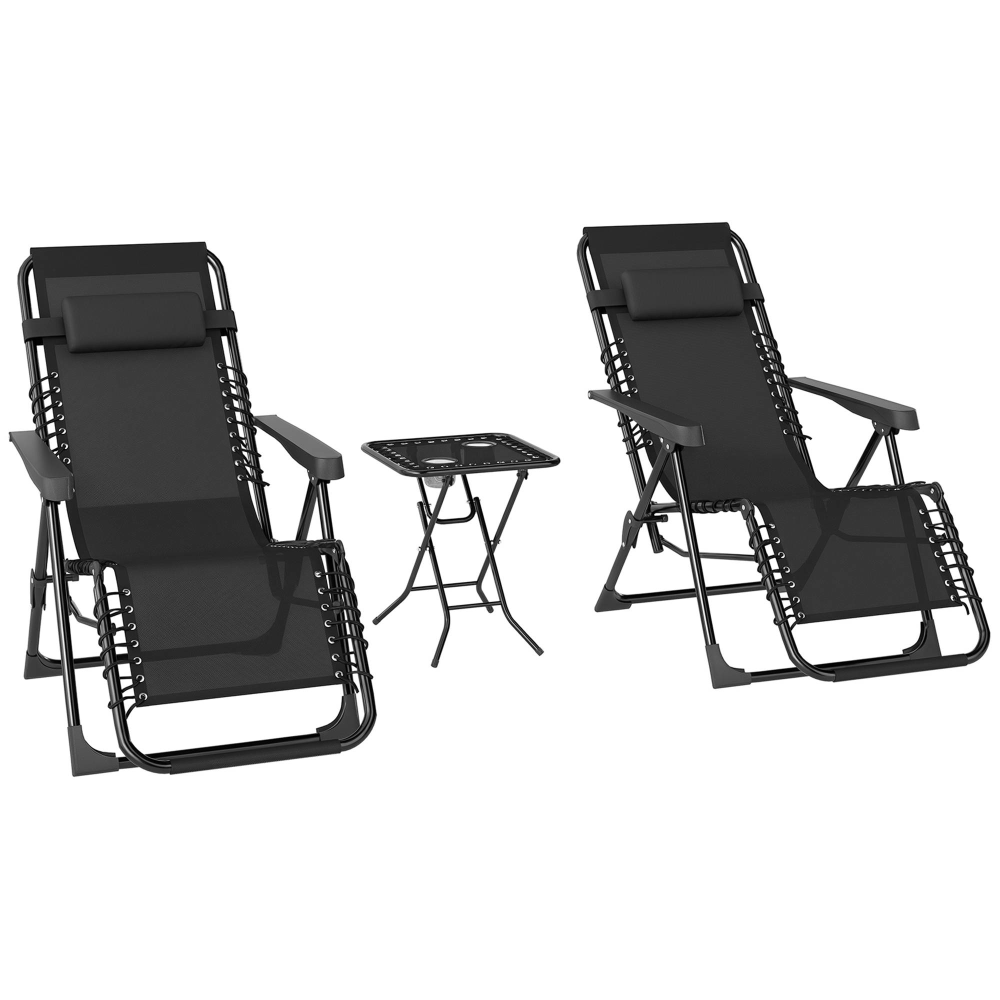 Lot de 2 chaise longue pliable et inclinable avec table d'appoint, porte-gobelets et appuie-têtes, charge 120 kg, noir