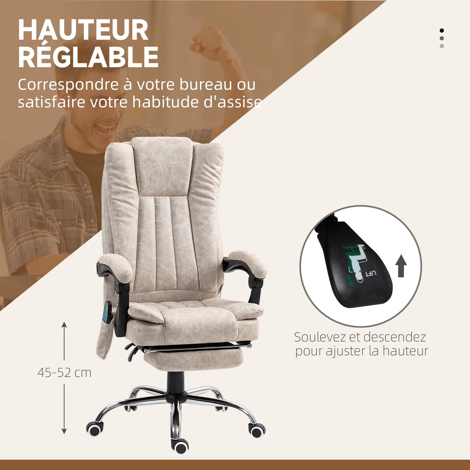 Sans Marque - Fauteuil de bureau massant et chauffant avec hauteur réglable, dossier inclinable, repose-pied et télécommande, crème - Image 7