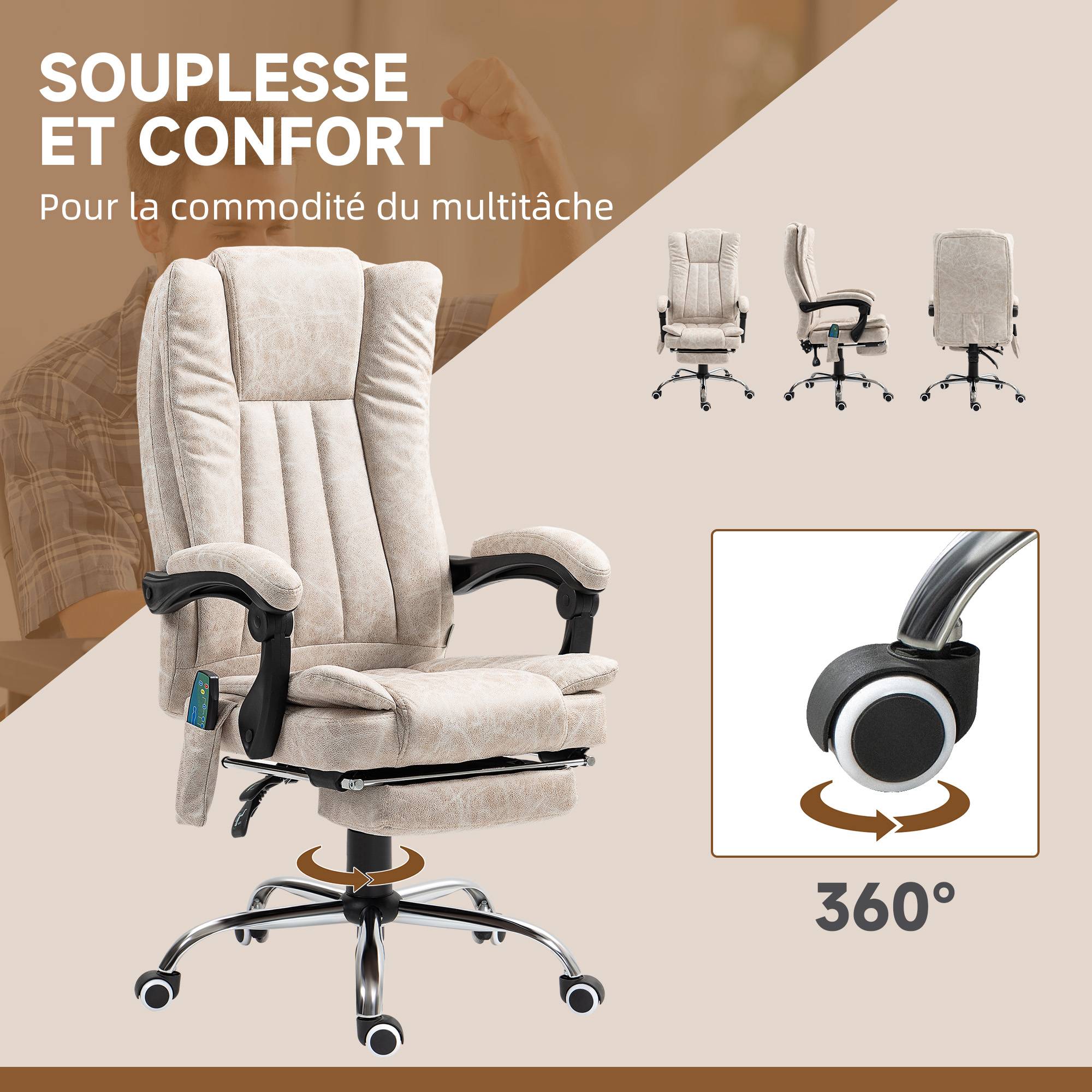 Sans Marque - Fauteuil de bureau massant et chauffant avec hauteur réglable, dossier inclinable, repose-pied et télécommande, crème - Image 8