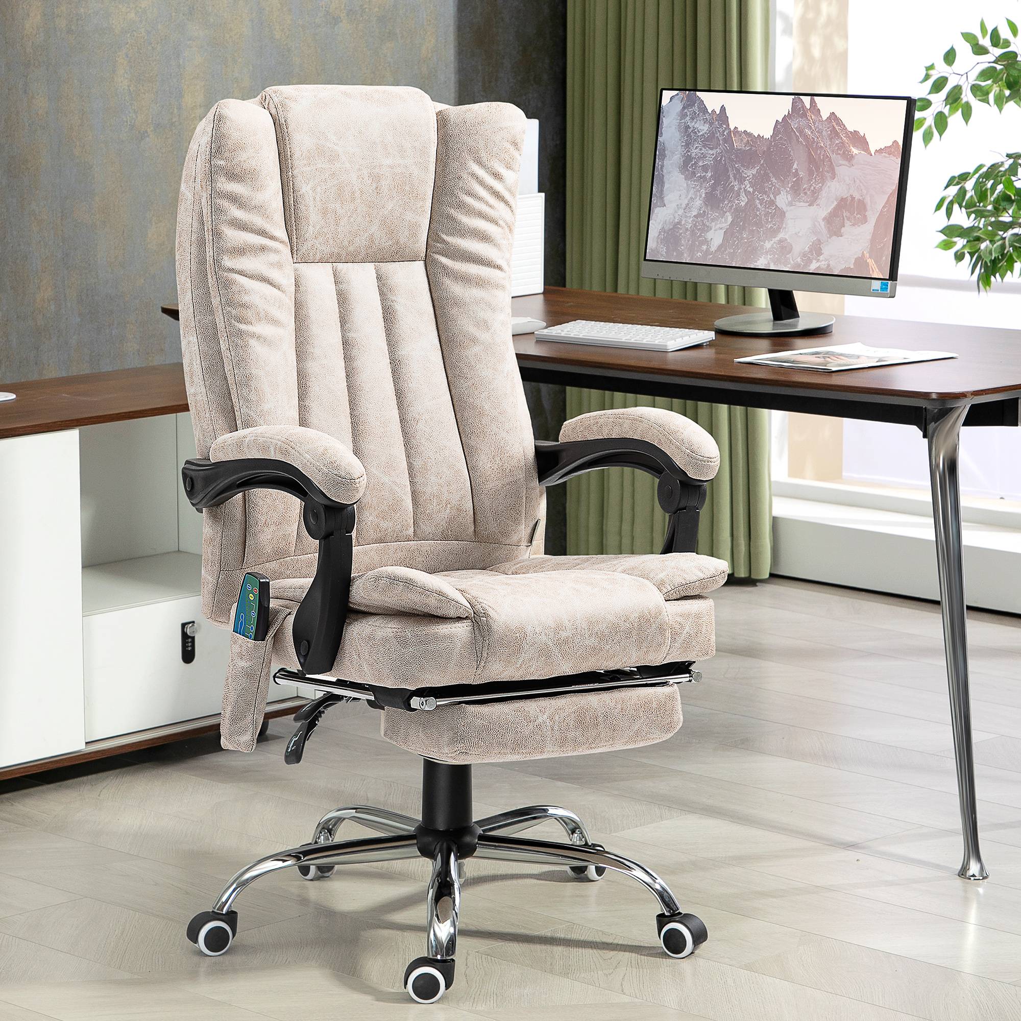 Sans Marque - Fauteuil de bureau massant et chauffant avec hauteur réglable, dossier inclinable, repose-pied et télécommande, crème - Image 3