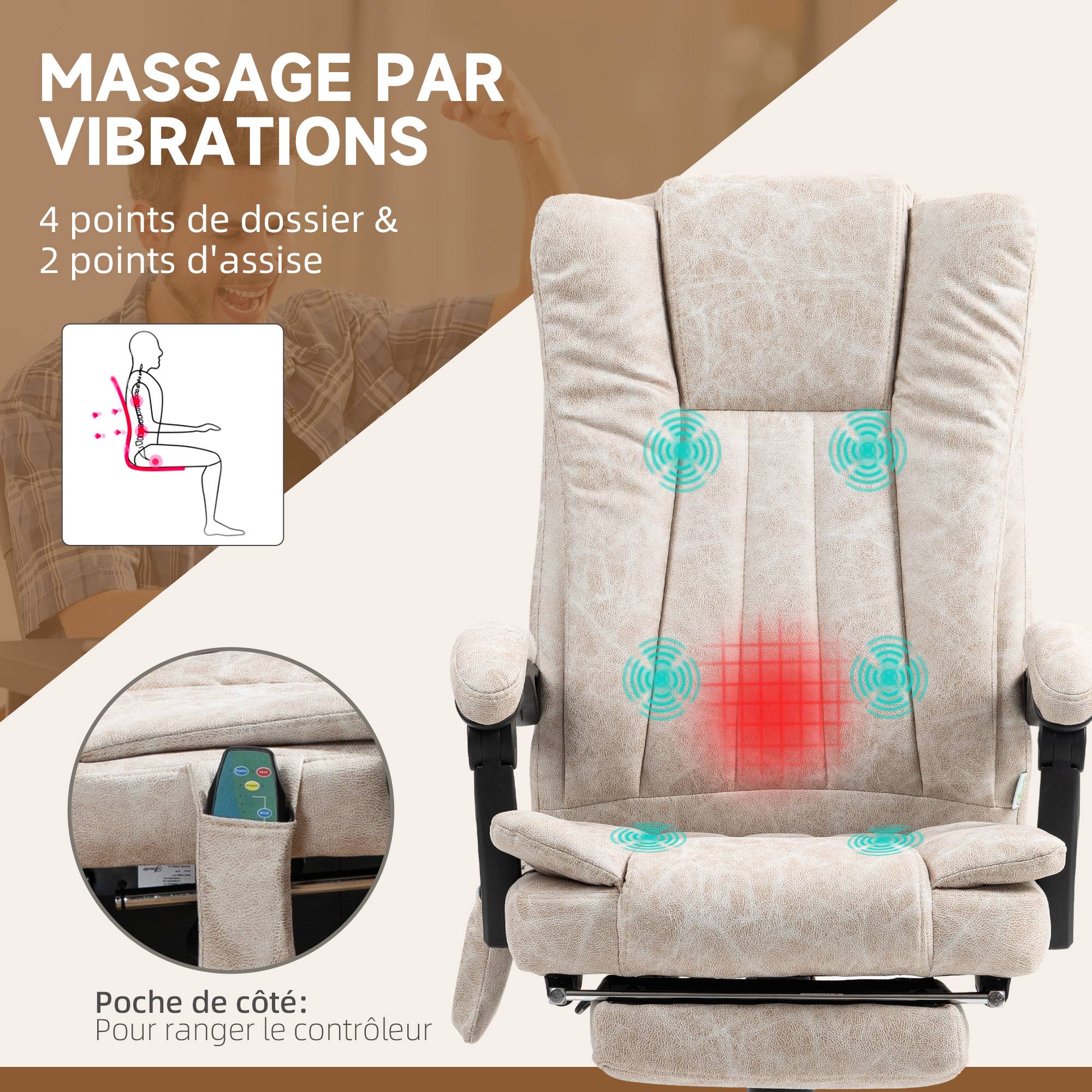 Sans Marque - Fauteuil de bureau massant et chauffant avec hauteur réglable, dossier inclinable, repose-pied et télécommande, crème - Image 6