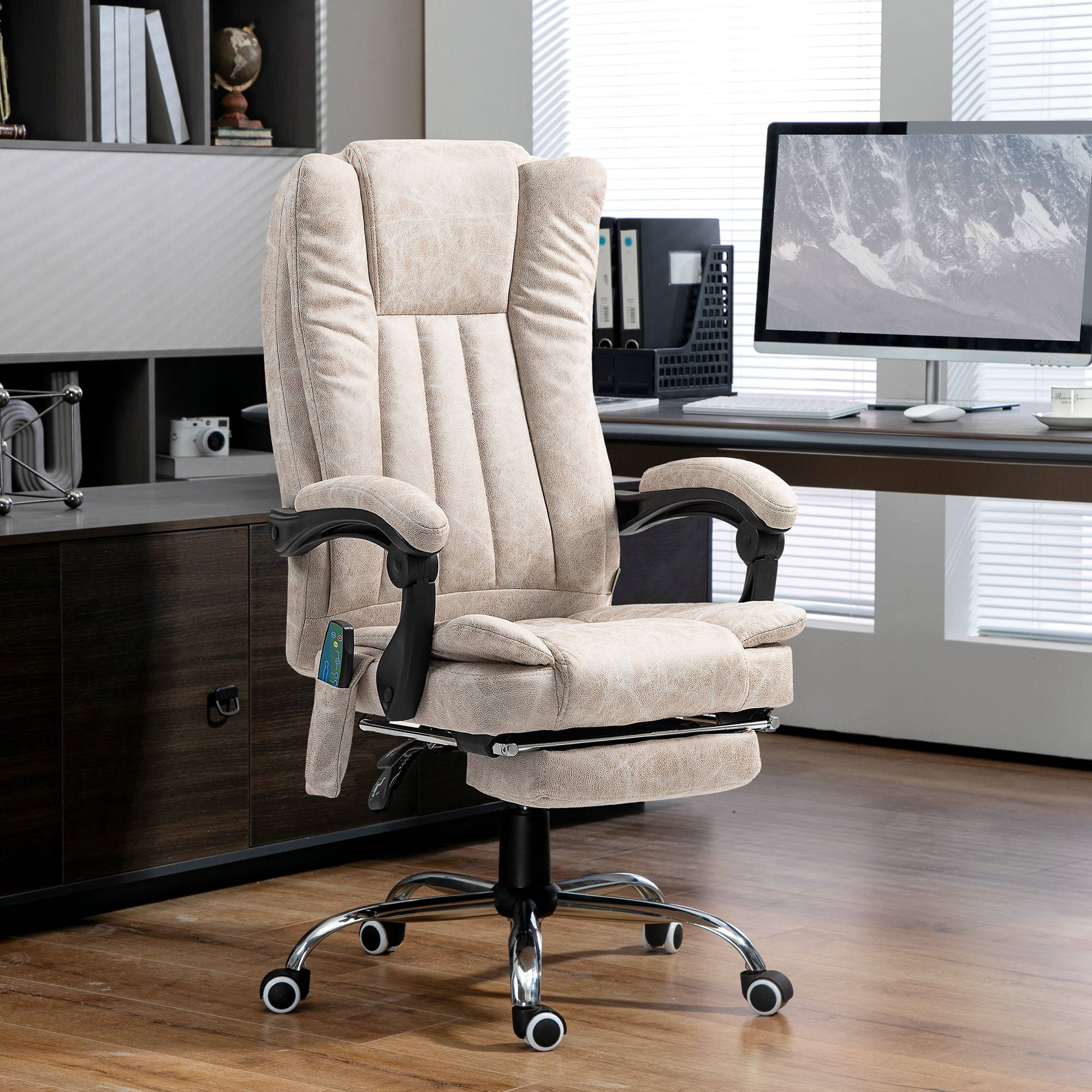 Sans Marque - Fauteuil de bureau massant et chauffant avec hauteur réglable, dossier inclinable, repose-pied et télécommande, crème - Image 4