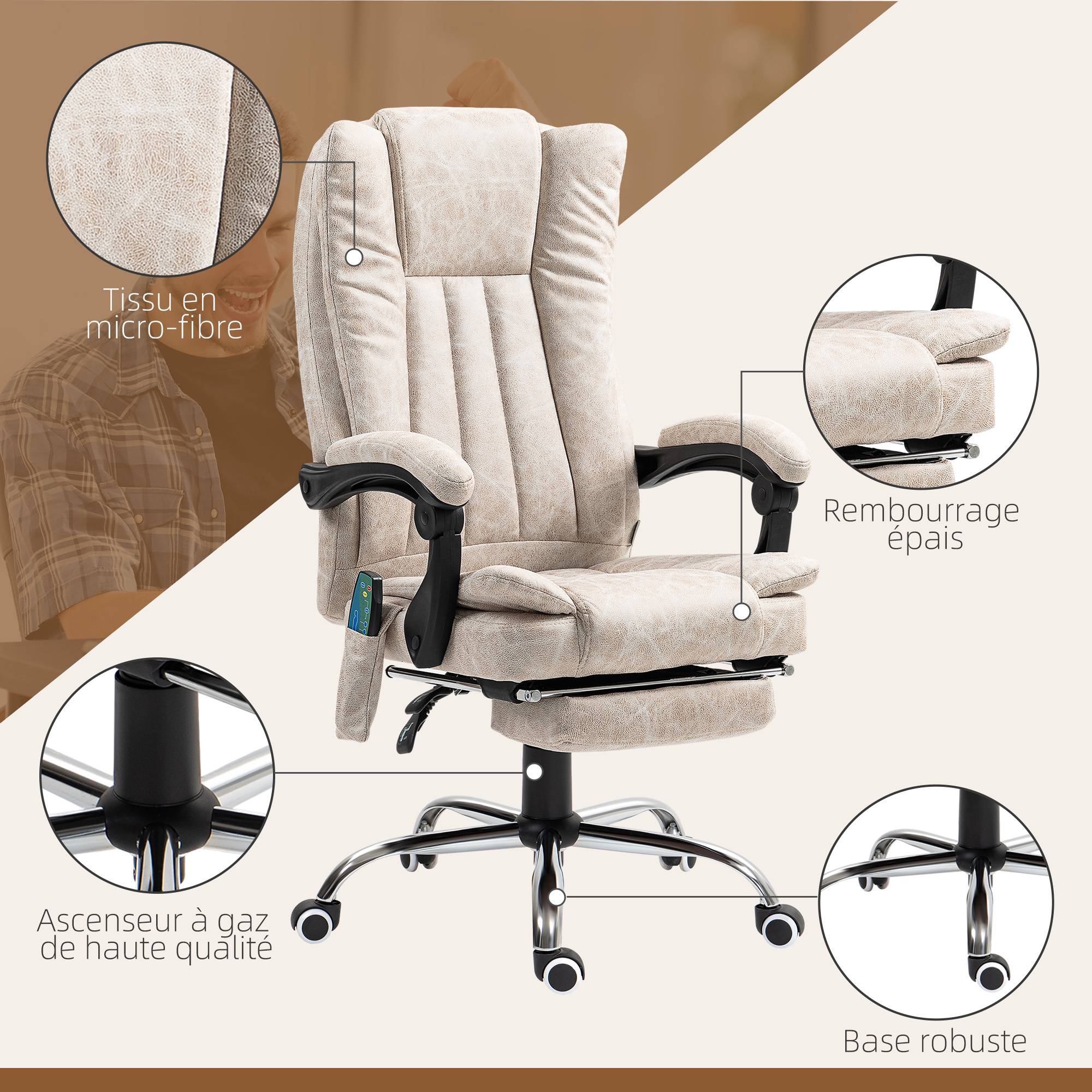 Sans Marque - Fauteuil de bureau massant et chauffant avec hauteur réglable, dossier inclinable, repose-pied et télécommande, crème - Image 9