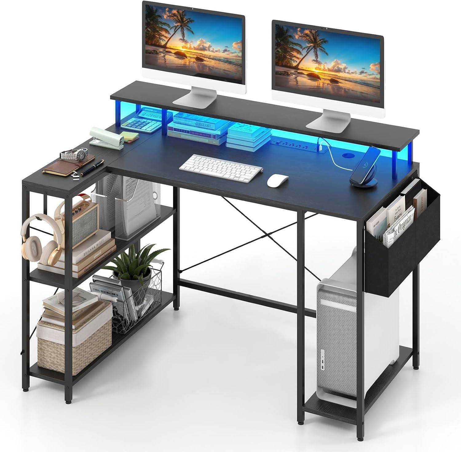 Bureau d'angle Ordinateur 120 cm LED, avec Ports USB et Prise de Courant, Table imformatique Etagères de Rangement et Support d’Ecran(Noir) - Image 1