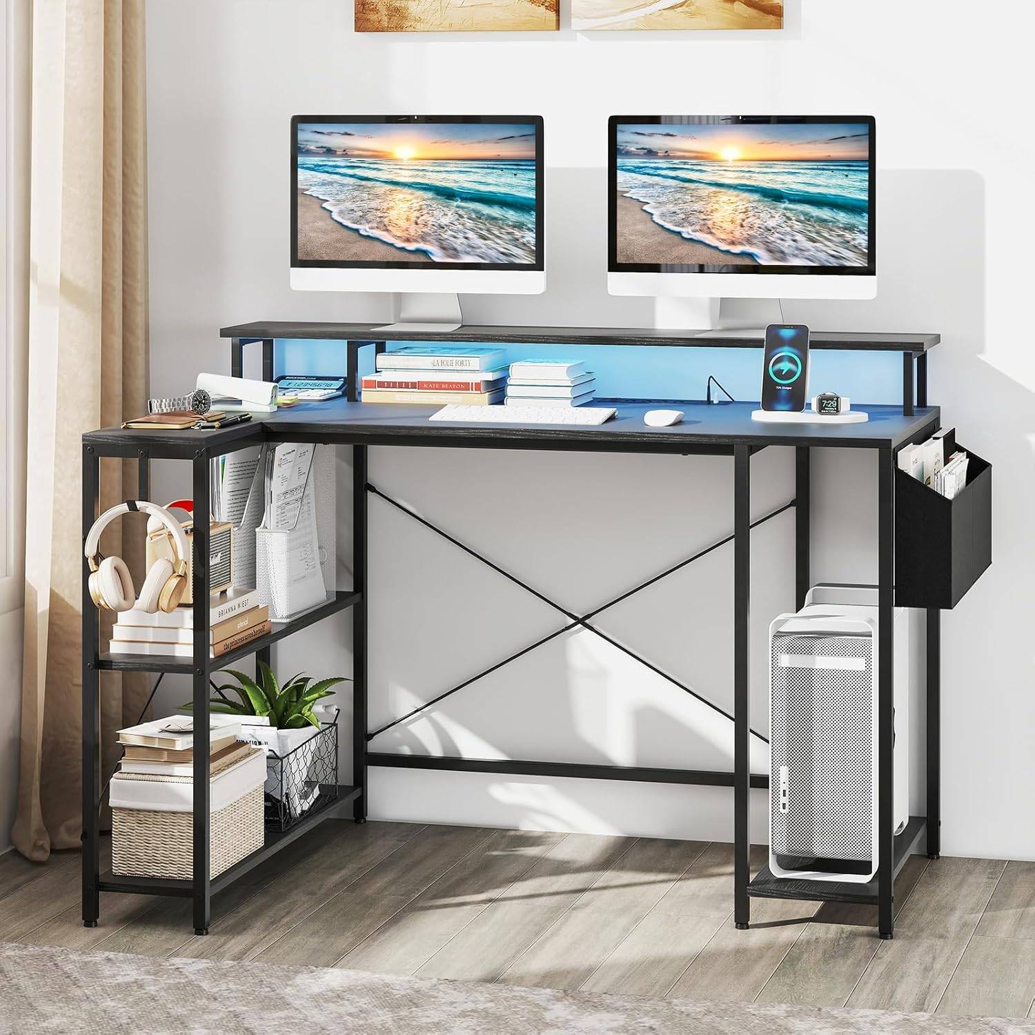 Bureau d'angle Ordinateur 120 cm LED, avec Ports USB et Prise de Courant, Table imformatique Etagères de Rangement et Support d’Ecran(Noir) - Image 5