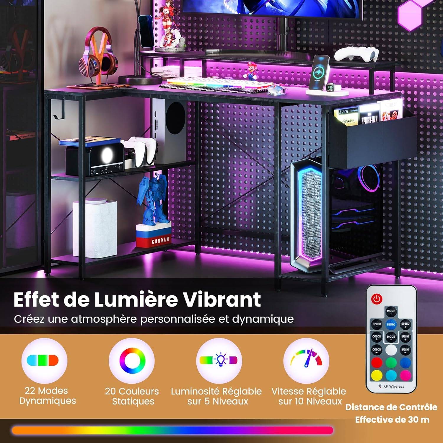 Bureau d'angle Ordinateur 120 cm LED, avec Ports USB et Prise de Courant, Table imformatique Etagères de Rangement et Support d’Ecran(Noir) - Image 6