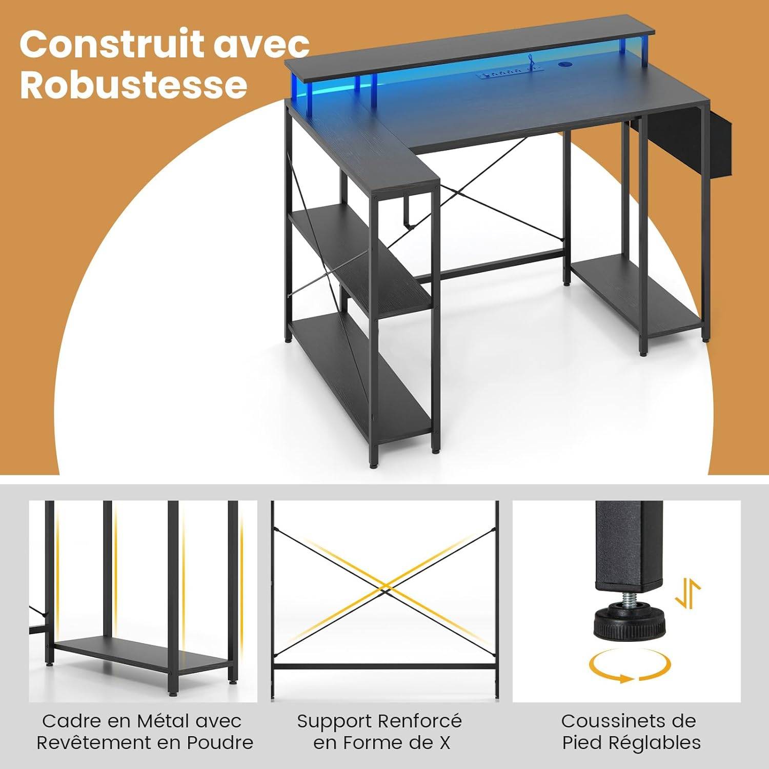 Bureau d'angle Ordinateur 120 cm LED, avec Ports USB et Prise de Courant, Table imformatique Etagères de Rangement et Support d’Ecran(Noir) - Image 9