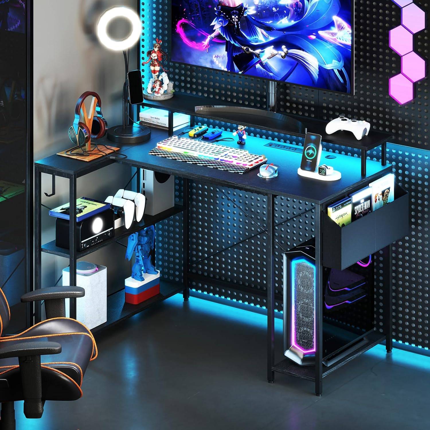Bureau d'angle Ordinateur 120 cm LED, avec Ports USB et Prise de Courant, Table imformatique Etagères de Rangement et Support d’Ecran(Noir) - Image 2