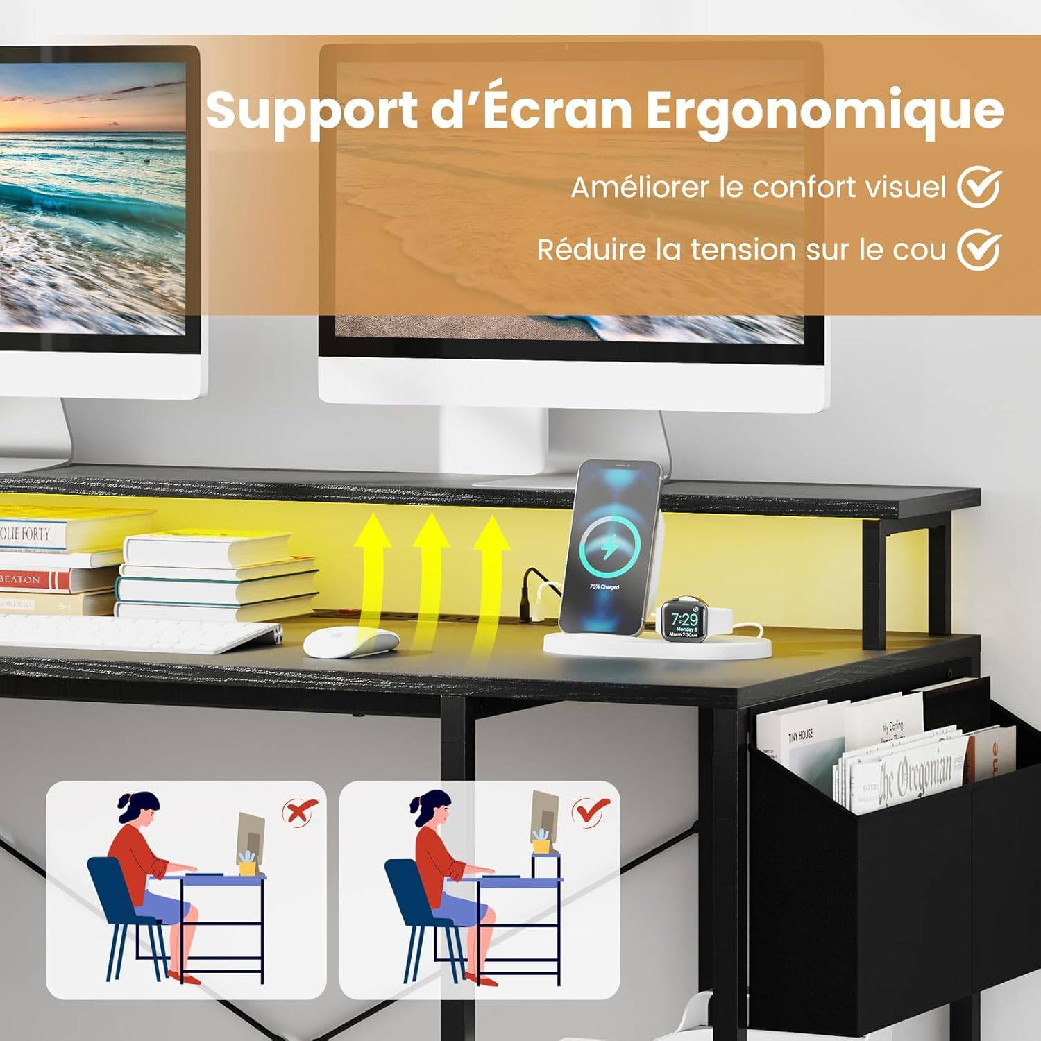 Bureau d'angle Ordinateur 120 cm LED, avec Ports USB et Prise de Courant, Table imformatique Etagères de Rangement et Support d’Ecran(Noir) - Image 8