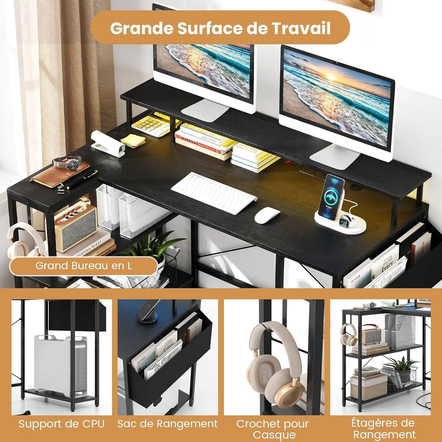 Bureau d'angle Ordinateur 120 cm LED, avec Ports USB et Prise de Courant, Table imformatique Etagères de Rangement et Support d’Ecran(Noir) - Image 7