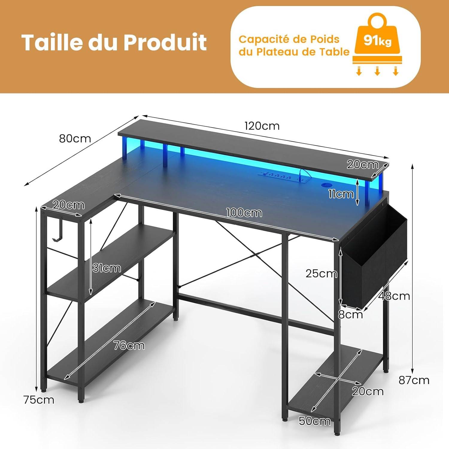 Bureau d'angle Ordinateur 120 cm LED, avec Ports USB et Prise de Courant, Table imformatique Etagères de Rangement et Support d’Ecran(Noir) - Image 3