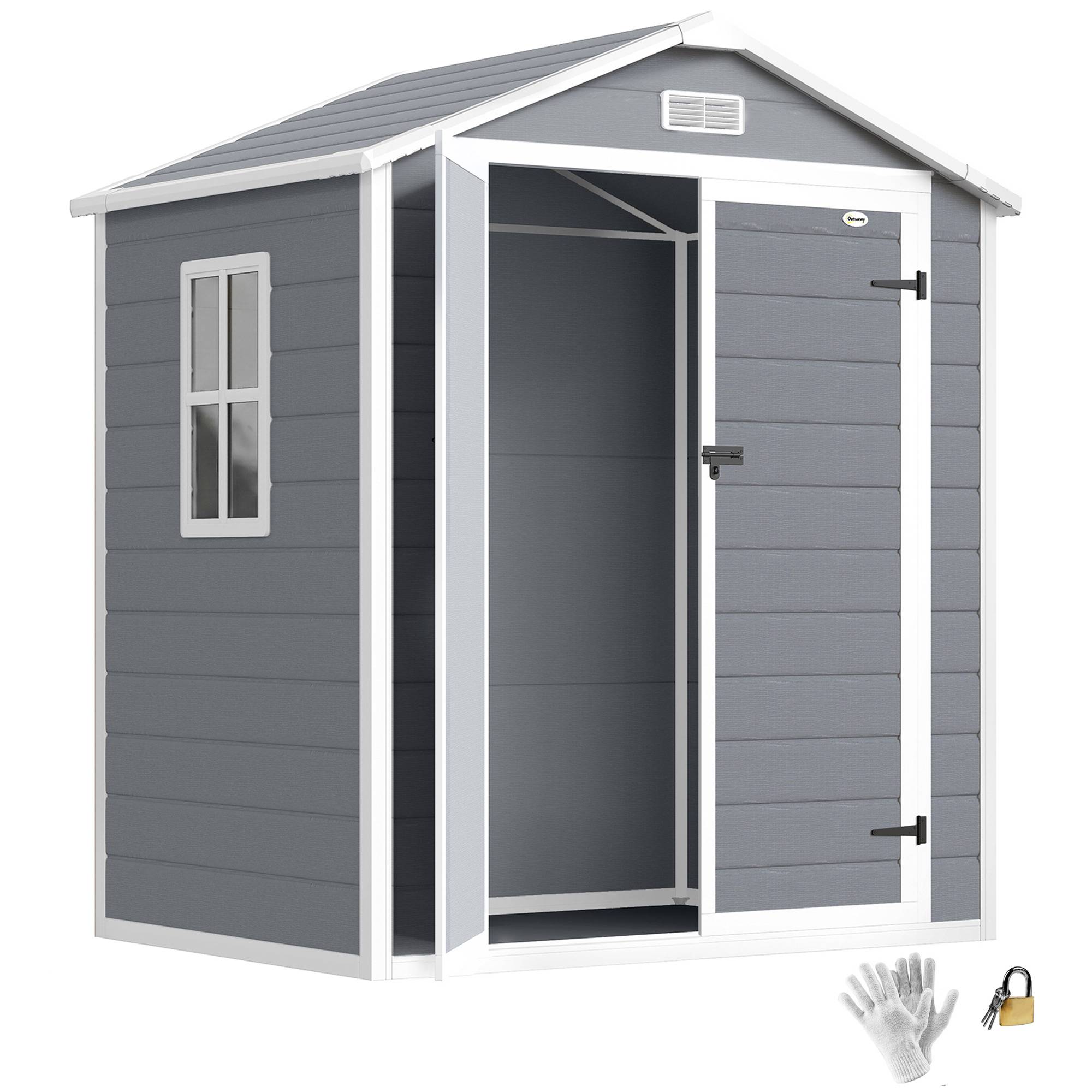 Abri de jardin résine polypropylène 2,12 m² avec 2 portes fenêtre grille aération toit double pente gris