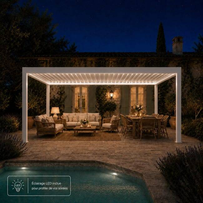 Pergola Bioclimatique Aluminium Autoportante Motorisée Éclairée 5x3,5 Blanc SV ORIAL France - Image 3