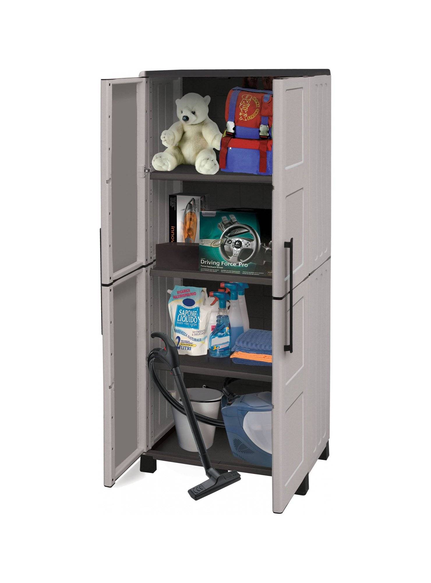 Dmora - Armoire d'extérieur Dbesaggi, Armoire de balcon polyvalente à 2 portes, 100% Made in Italy, 68x37h169 cm, Gris clair et noir, Finition damier - Dmora - Imagen 5