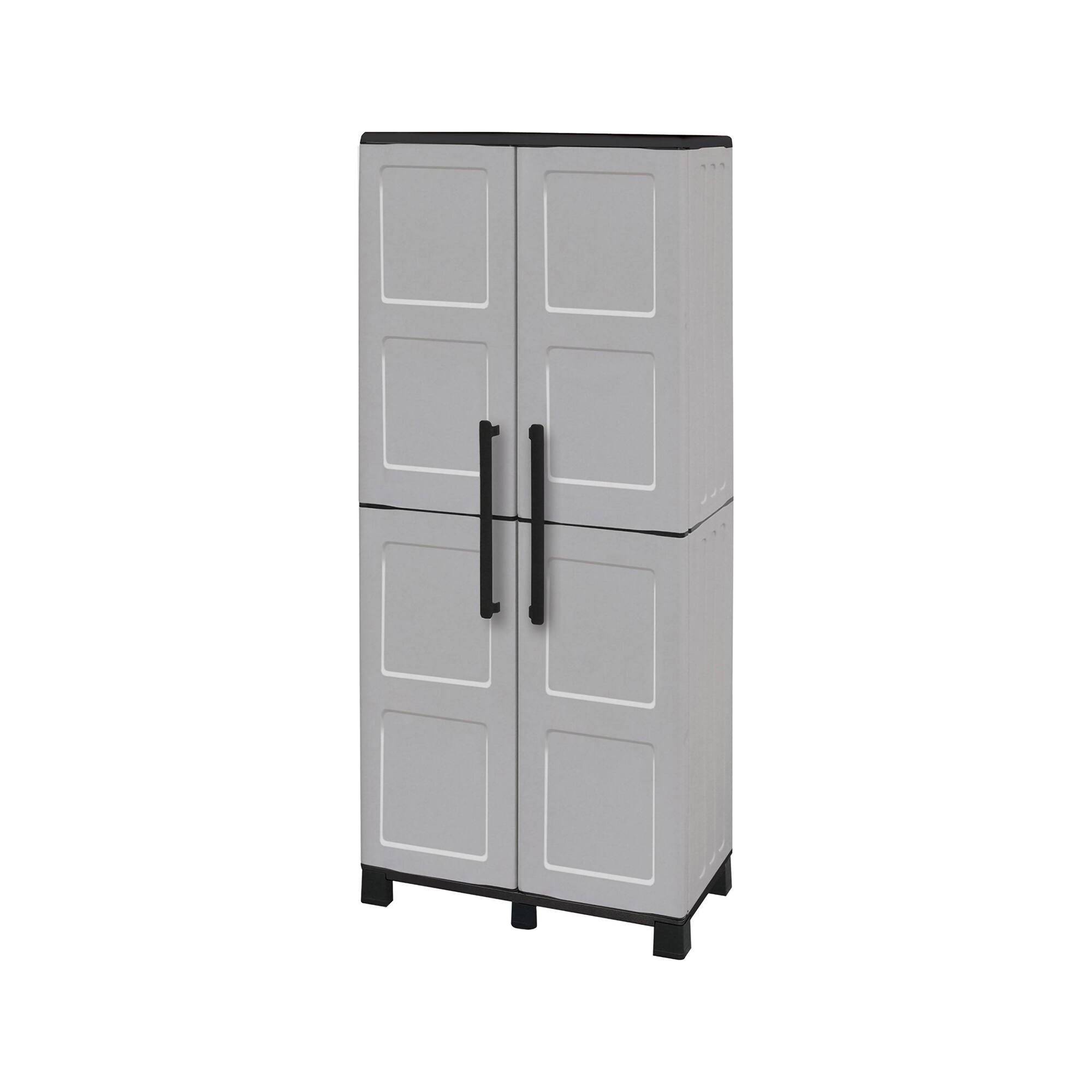 Dmora - Armoire d'extérieur Dbesaggi, Armoire de balcon polyvalente à 2 portes, 100% Made in Italy, 68x37h169 cm, Gris clair et noir, Finition damier - Dmora - Imagen 1