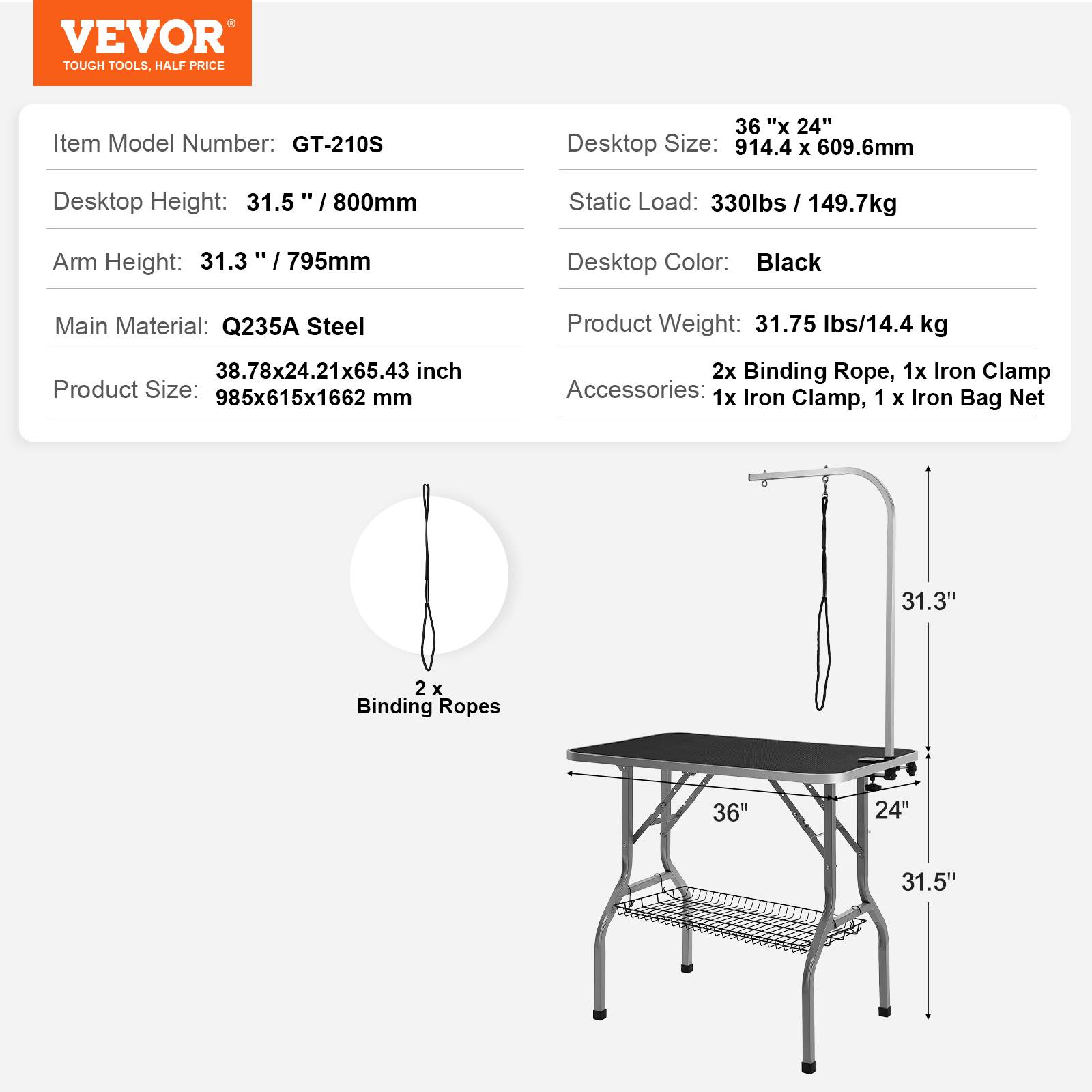 VEVOR Table toilettage chien pliable 914,4x609,6 mm, charge 149,7 kg, 1 potence. - Image 7