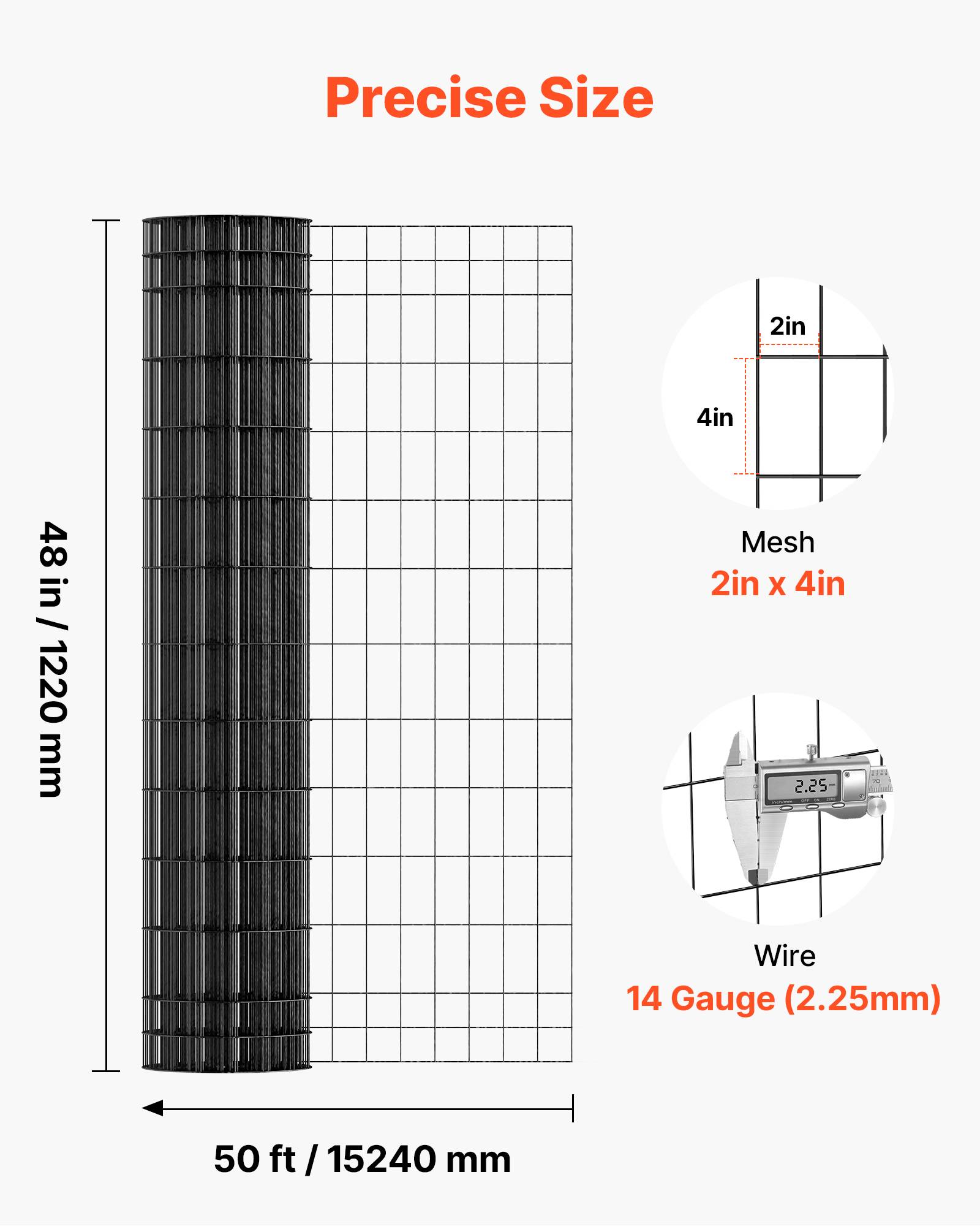 Vevor - VEVOR Grillage métallique noir 5 x 10 cm, rouleau 122 cm x 15,2 m, fil galvanisé revêtu PVC, calibre 14, pour clôtures et enclos. - Image 3
